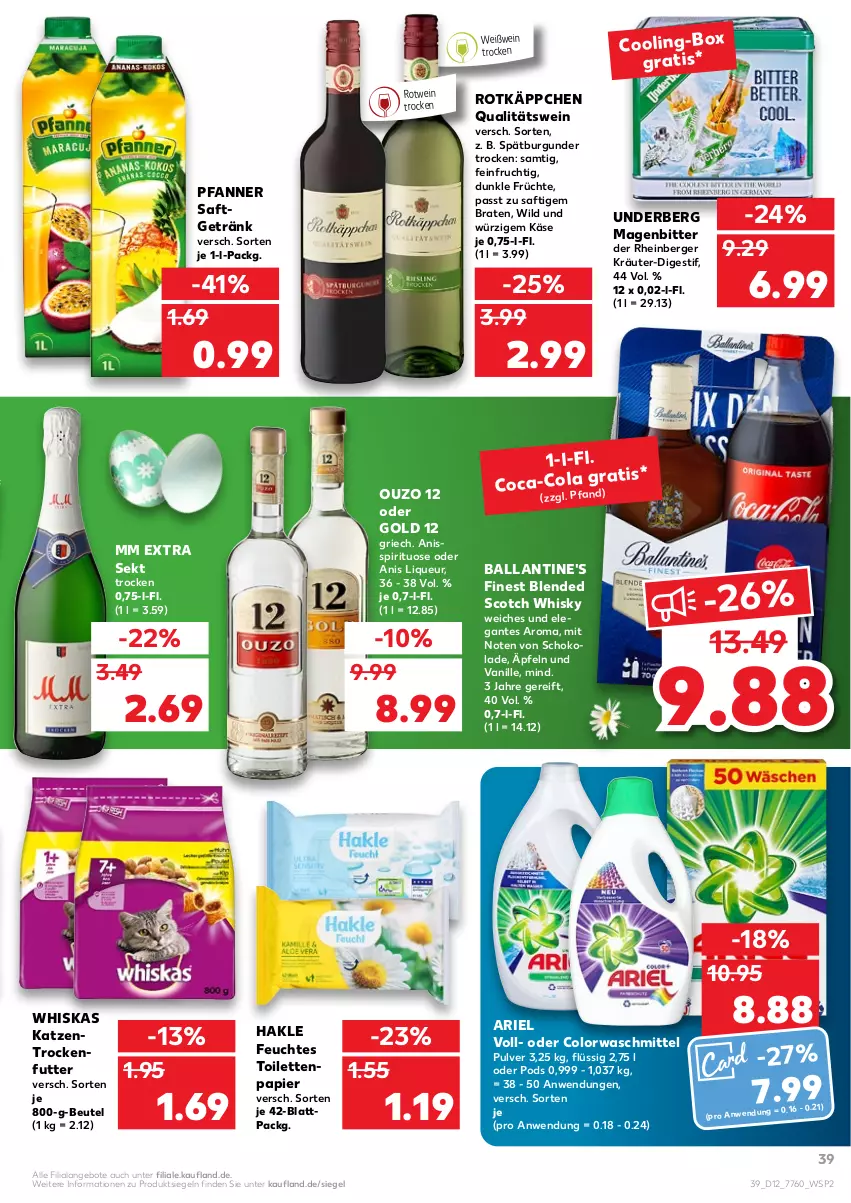 Aktueller Prospekt Kaufland - von 24.03 bis 30.03.2022 - strona 39 - produkty: angebot, angebote, ariel, ball, Ballantine's, Berger, beutel, blended scotch, blended scotch whisky, braten, burgunder, colorwaschmittel, feuchtes toilettenpapier, frucht, früchte, getränk, hakle, Käse, Katzentrockenfutter, kräuter, liqueur, mm extra, ouzo, ouzo 12, papier, pfanne, Pfanner, Pods, qualitätswein, rotkäppchen, rotwein, saft, schoko, schokolade, scotch, scotch whisky, sekt, spätburgunder, Ti, toilettenpapier, trockenfutter, underberg, vanille, waschmittel, wein, Weißwein, whiskas, whisky, Wild