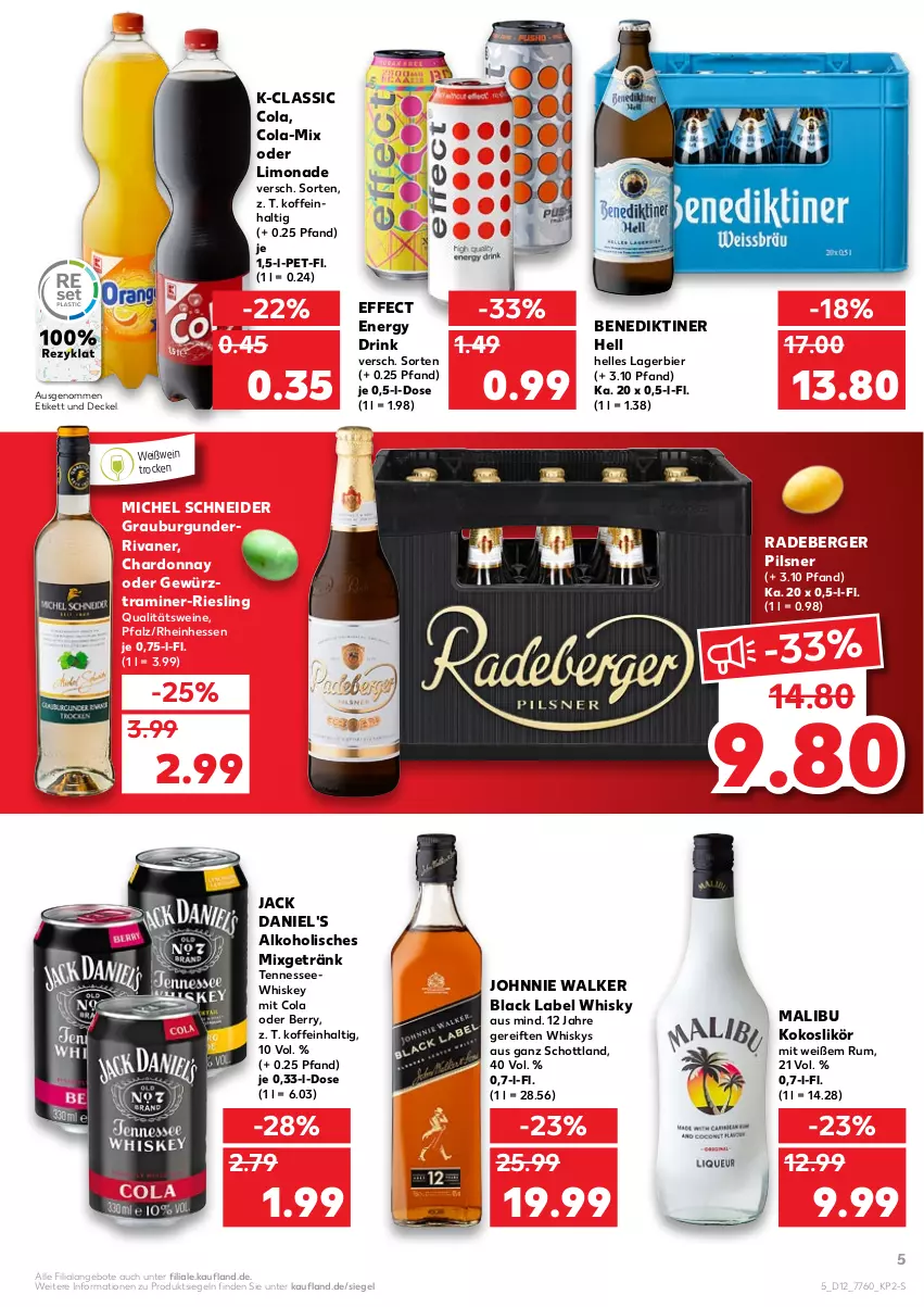 Aktueller Prospekt Kaufland - von 24.03 bis 30.03.2022 - strona 5 - produkty: alkohol, angebot, angebote, Benediktiner, Berger, bier, black label, burgunder, chardonnay, cola, decke, Deckel, drink, Effect, elle, energy drink, getränk, gewürz, grauburgunder, jack daniel, jack daniel's, johnnie walker, kokos, lack, Lagerbier, likör, limo, limonade, Malibu, Michel Schneider, Mixgetränk, pils, pilsner, qualitätswein, qualitätsweine, radeberger, radeberger pilsner, riesling, Rivaner, rum, schott, Ti, wein, weine, Weißwein, whiskey, whisky