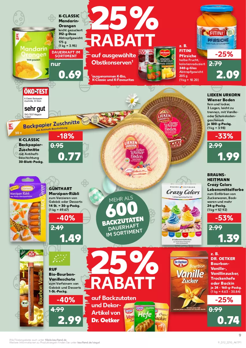 Aktueller Prospekt Kaufland - von 24.03 bis 30.03.2022 - strona 9 - produkty: angebot, angebote, auer, backwaren, bio, bourbon, bourbonvanille, braun, dessert, desserts, Dr. Oetker, frucht, Hefe, heitmann, Konserven, korn, lebensmittel, Lebensmittelfarbe, lieken, mac, marzipan, obst, orange, orangen, papier, pfirsich, pfirsiche, schoko, schokolade, schokoladen, Ti, urkorn, vanille, wiener, wiener boden, zucker