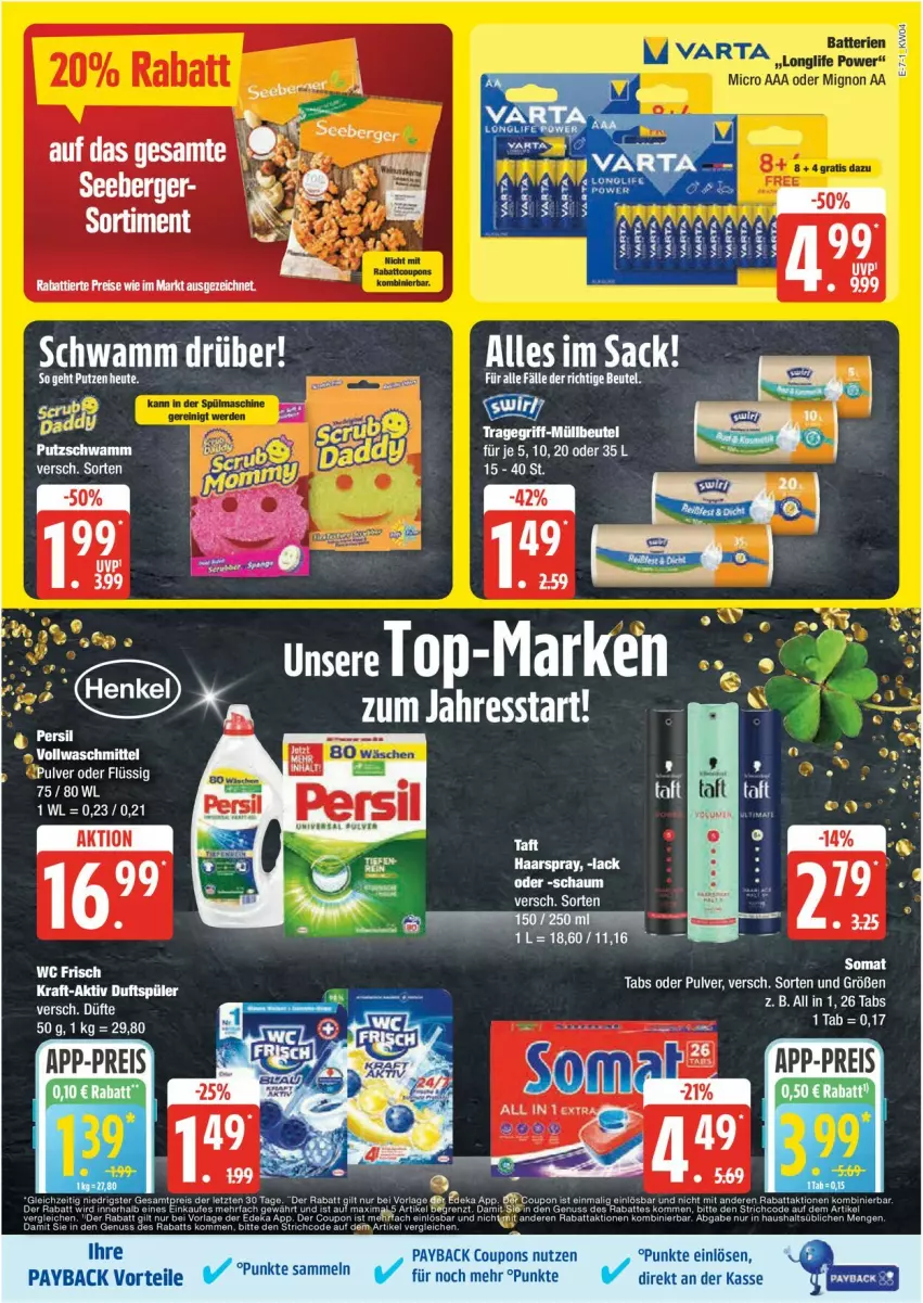 Aktueller Prospekt Edeka - Prospekte - von 20.01 bis 25.01.2025 - strona 7 - produkty: Berger, bett, eis, ente, Heu, persil, reis, schwamm, seeberger, Taft, Ti, torte, varta, ZTE