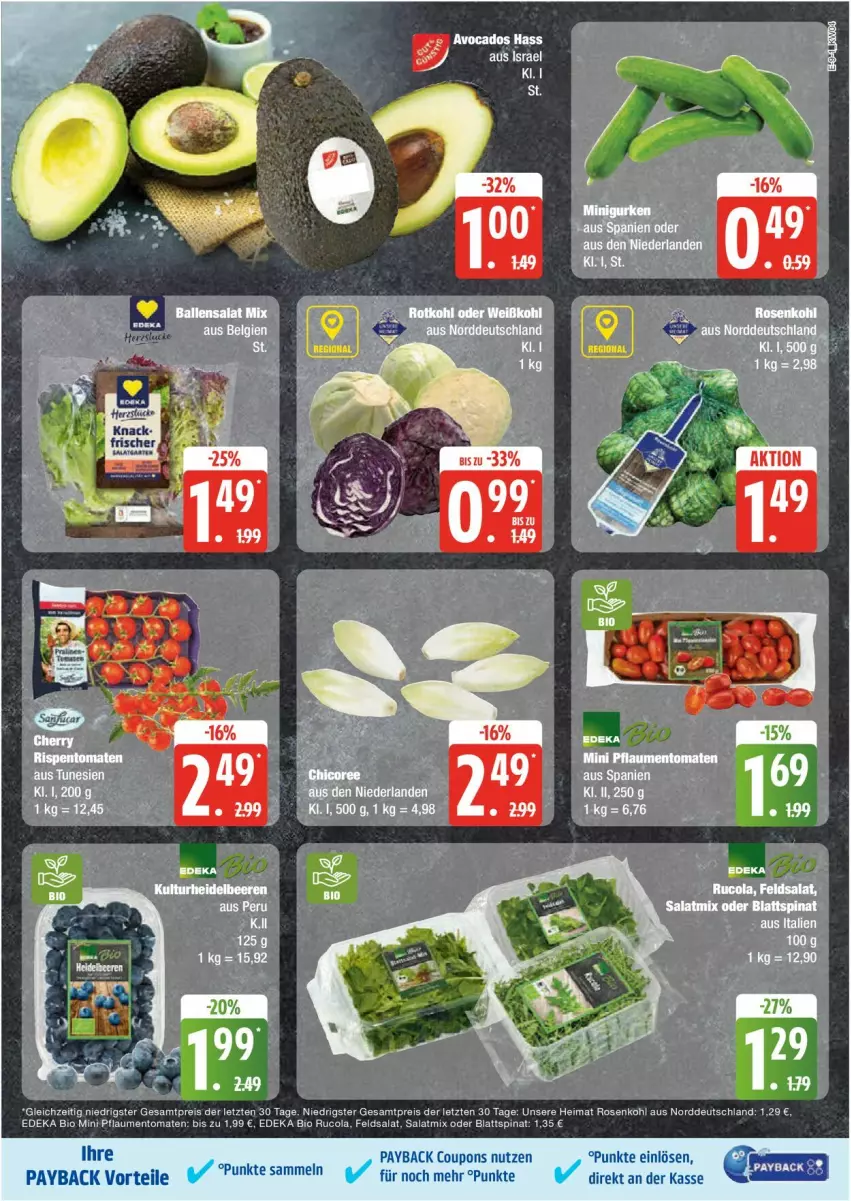 Aktueller Prospekt Edeka - Prospekte - von 20.01 bis 25.01.2025 - strona 9 - produkty: bio, blattspinat, cola, coupon, coupons, deka, edeka bio, eis, feldsalat, payback, pflaume, pflaumen, reis, rosen, Rosenkohl, rucola, salat, Salatmix, spinat, Ti, tomate, tomaten, ZTE