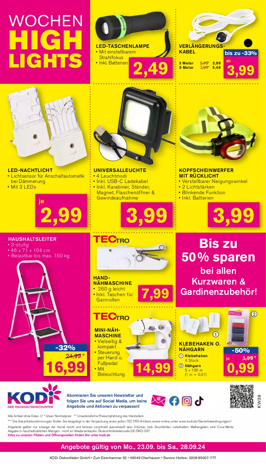 Aktueller Prospekt Kodi - Prospekte - von 23.09 bis 28.09.2024 - strona 8 - produkty: angebot, angebote, auto, batterie, batterien, beleuchtung, deka, eis, elle, flasche, flaschenöffner, Gardinen, gsw, ladekabel, Lampe, leds, lenco, Leuchte, LG, Nachtlicht, Nähmaschine, reis, rücklicht, Schal, Tasche, taschen, taschenlampe, tectro, teller, Ti, usb