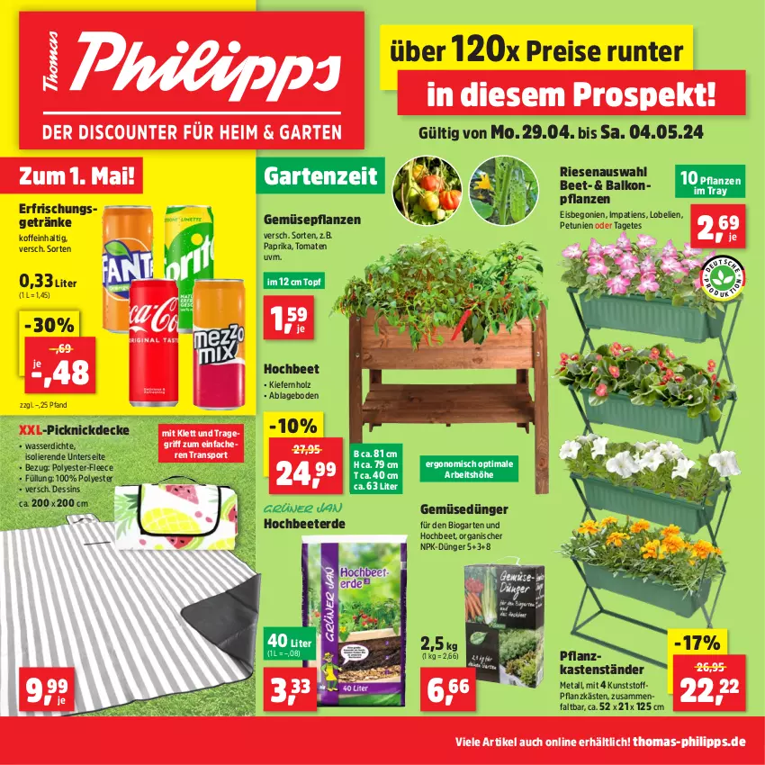 Aktueller Prospekt Thomas Philipps - von 29.04 bis 04.05.2024 - strona 1 - produkty: balkonpflanzen, Begonie, bio, decke, dünger, eis, erde, erfrischungsgetränk, erfrischungsgetränke, Garten, Gemüsedünger, getränk, getränke, Holz, Lobelie, paprika, petunie, petunien, pflanze, pflanzen, Pflanzkasten, picknickdecke, reis, Sport, Ti, tomate, tomaten, topf, tragegriff, wasser