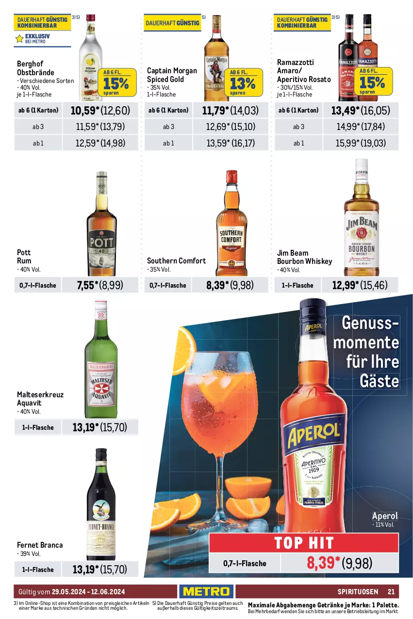 Aktueller Prospekt Metro - GastroJournal - von 29.05 bis 12.06.2024 - strona 21 - produkty: alkohol, alkoholfreie getränke, Alwa, amaro, aperitivo rosato, aperol, aqua, aquavit, auer, bourbon, bourbon whiskey, Cap, captain morgan, drink, drinks, dry gin, eis, energy drink, ente, Fernet, fernet branca, flasche, frucht, fruchtsaft, gerolsteine, gerolsteiner, getränk, getränke, gin, gordon, jim beam, krone, london dry, london dry gin, malteser, Metro, metro gastro, mineralwasser, nuss, obst, ohne alkohol, orange, orangen, orangensaft, Palette, rama, ramazzott, ramazzotti, reis, rosato, rum, saft, sattel, Southern Comfort, spirituosen, steiner, thomas henry, Ti, tonic, tonic water, wasser, whiskey, wodka, zitrone, zitronen, zitronensaft, zott