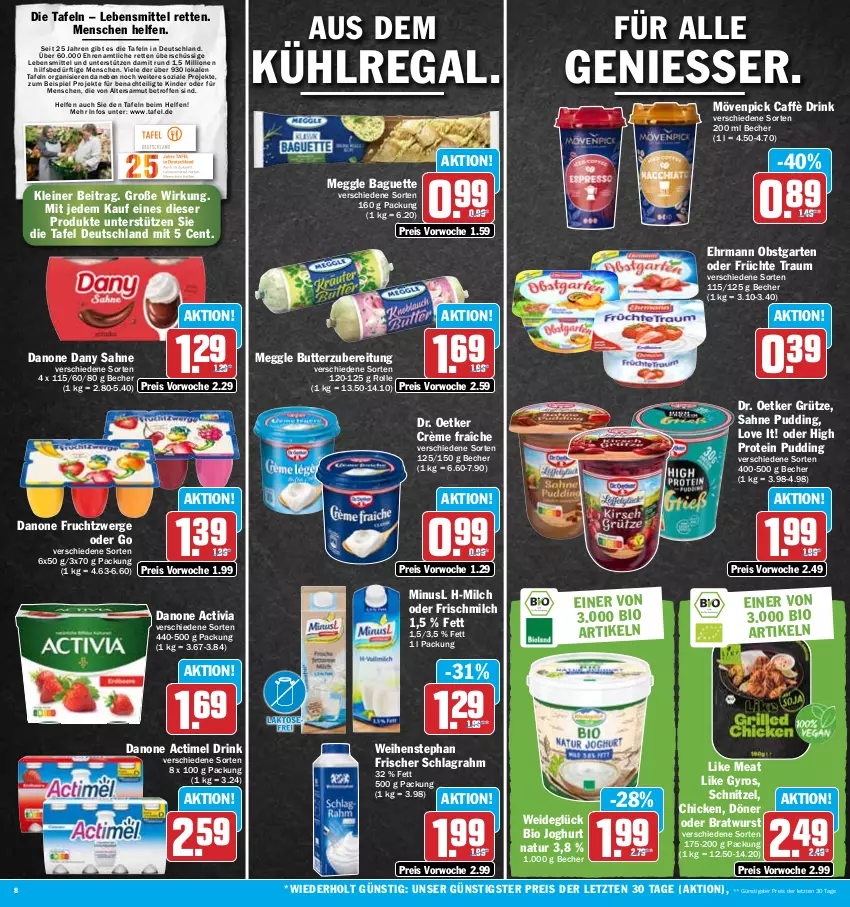 Aktueller Prospekt Hit - Prospekte - von 19.06 bis 24.06.2023 - strona 8 - produkty: actimel, actimel drink, activia, aus dem kühlregal, baguette, Becher, bio, bratwurst, butter, crème fraîche, danone, danone actimel drink, danone activia, danone fruchtzwerge, Dany, dany sahne, Dr. Oetker, drink, ehrmann, eis, frucht, früchte, fruchtzwerge, Garten, grütze, gyros, joghur, joghurt, Kinder, kühlregal, lebensmittel, leine, Like Meat, lion, meggle, milch, mövenpick, natur, obst, obstgarten, pudding, regal, reis, sahne, schlagrahm, schnitzel, Ti, weihenstephan, wurst, ZTE