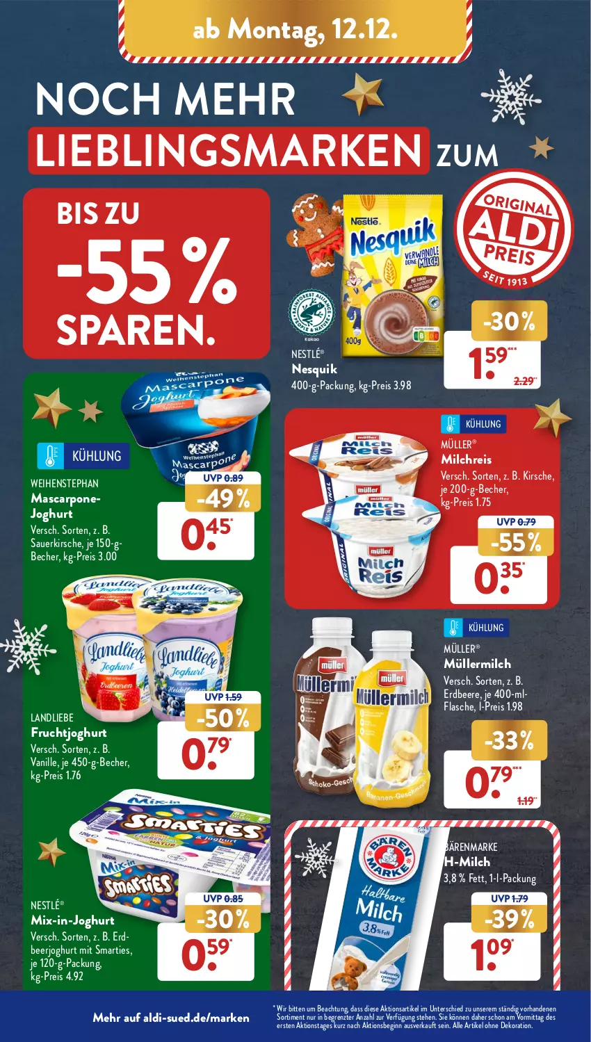 Aktueller Prospekt AldiSud - NÄCHSTE WOCHE - von 12.12 bis 17.12.2022 - strona 12 - produkty: aldi, alle artikel ohne dekoration, auer, bärenmarke, Becher, beere, dekoration, eis, erdbeere, flasche, frucht, fruchtjoghurt, gin, joghur, joghurt, kirsch, kirsche, landliebe, mascarpone, milch, milchreis, Müller, müllermilch, nesquik, nestlé, reis, smarties, Ti, vanille, weihenstephan, ZTE