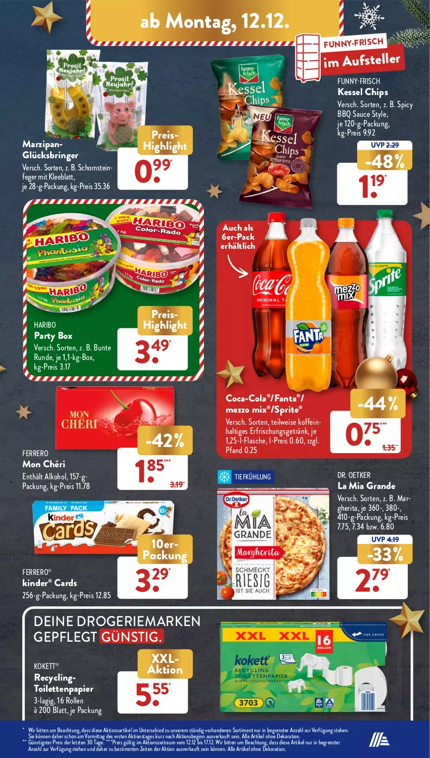 Aktueller Prospekt AldiSud - NÄCHSTE WOCHE - von 12.12 bis 17.12.2022 - strona 15 - produkty: alkohol, alle artikel ohne dekoration, chips, Clin, coca-cola, cola, dekoration, Dr. Oetker, eis, elle, erfrischungsgetränk, fanta, ferrero, flasche, funny-frisch, getränk, gin, haribo, Kinder, margherita, marzipan, Mezzo Mix, Mon Chéri, papier, reis, ring, sauce, Schornsteinfeger, sprite, teller, Ti, toilettenpapier, ZTE