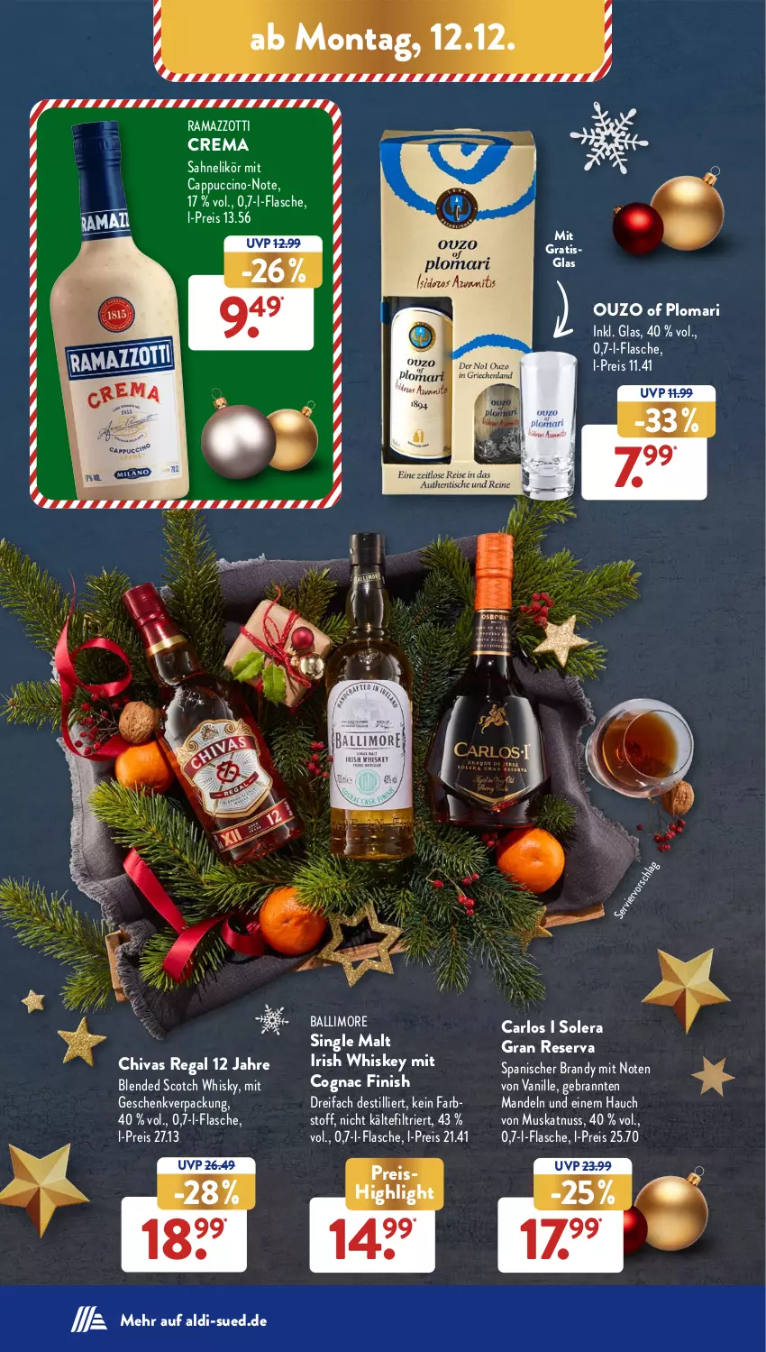 Aktueller Prospekt AldiSud - NÄCHSTE WOCHE - von 12.12 bis 17.12.2022 - strona 18 - produkty: aldi, arlo, ball, blended scotch, blended scotch whisky, Cap, cappuccino, cin, Cognac, eis, Finish, flasche, irish whiskey, likör, limo, mandel, mandeln, Muskatnuss, nuss, ouzo, rama, ramazzott, ramazzotti, regal, reis, sahne, scotch, scotch whisky, single malt, Ti, vanille, whiskey, whisky, zott