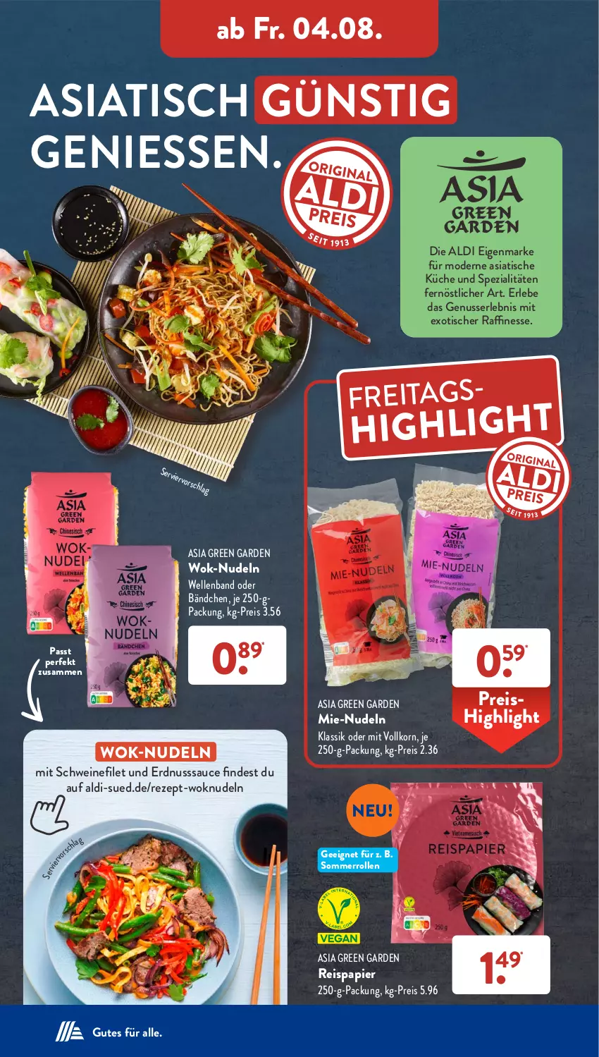 Aktueller Prospekt AldiSud - NÄCHSTE WOCHE - von 31.07 bis 05.08.2023 - strona 32 - produkty: aldi, Asia Green Garden, eis, elle, erdnuss, filet, finesse, je 250-g-packung, korn, küche, Mode, nudel, nudeln, nuss, papier, reis, rezept, sauce, schwein, schweine, schweinefilet, Spezi, Ti, tisch, wein, weine, wok