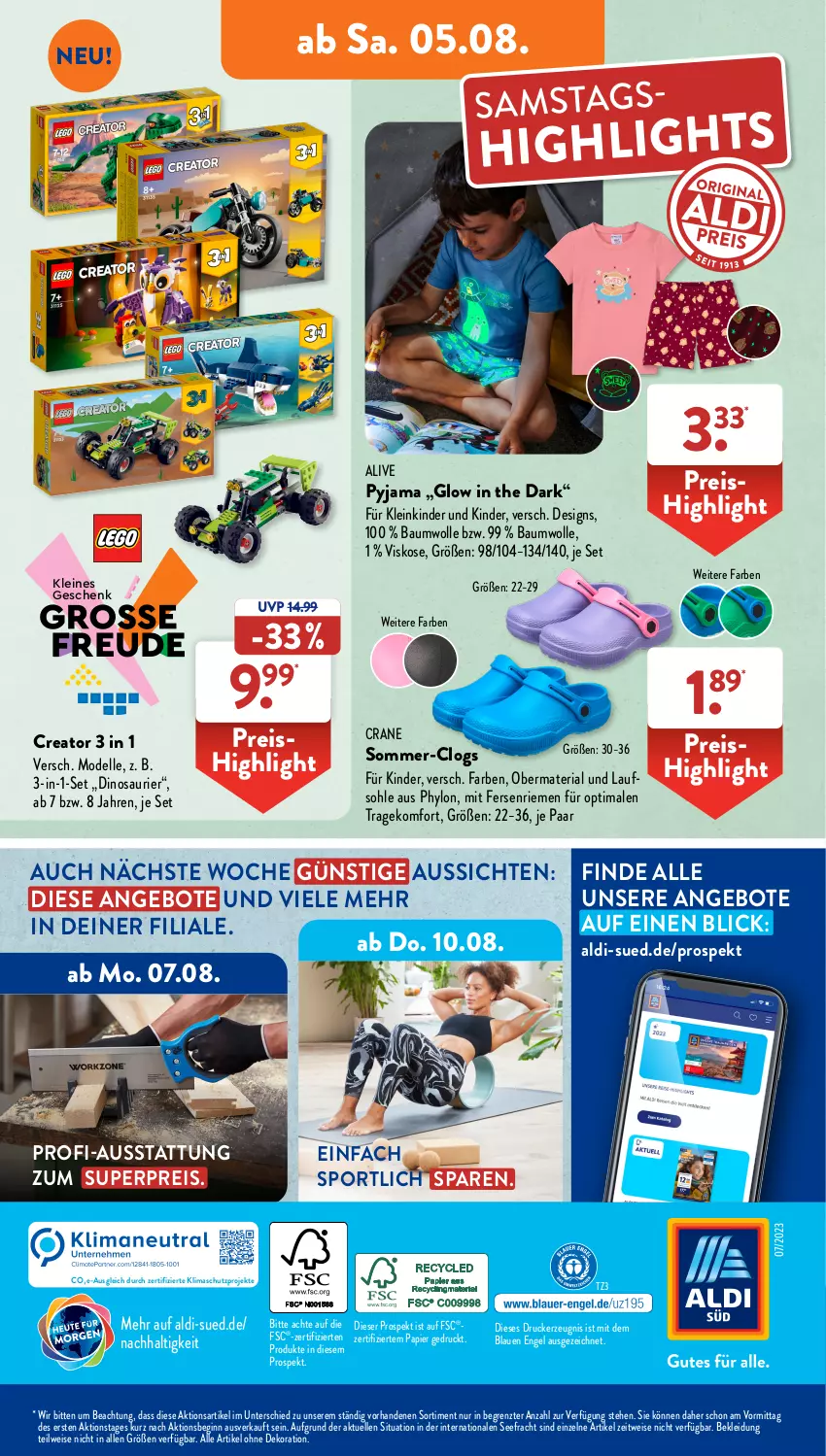 Aktueller Prospekt AldiSud - NÄCHSTE WOCHE - von 31.07 bis 05.08.2023 - strona 40 - produkty: aldi, alle artikel ohne dekoration, angebot, angebote, Bau, baumwolle, Clogs, dekoration, dell, drucker, eis, elle, Engel, gin, Hylo, kerze, Kinder, kleid, Kleidung, leine, Mode, papier, Pyjama, reis, Ria, Sport, Ti, wolle, ZTE