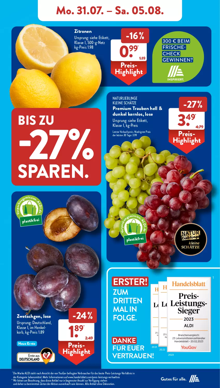 Aktueller Prospekt AldiSud - NÄCHSTE WOCHE - von 31.07 bis 05.08.2023 - strona 7 - produkty: aldi, alle artikel ohne dekoration, asti, dekoration, eis, henkel, korb, lebensmittel, leine, LG, natur, Rauch, reis, Ti, trauben, Yo, zitrone, zitronen, ZTE