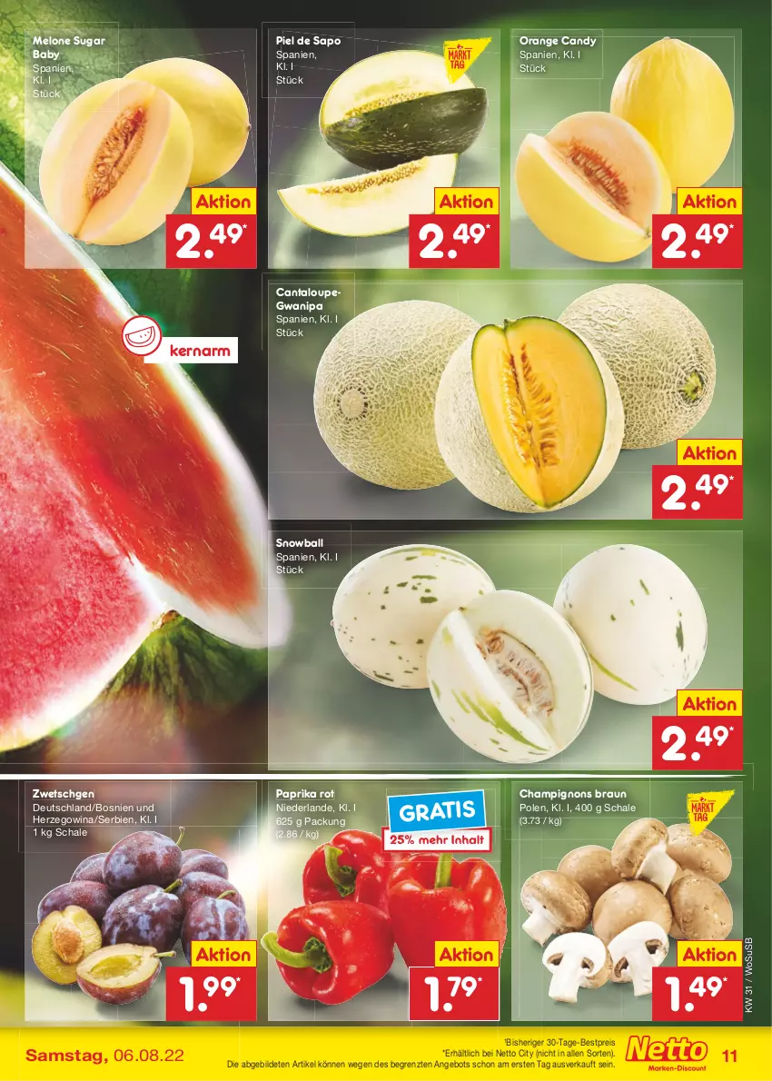 Aktueller Prospekt Netto Marken-Discount - Filial-Angebote - von 01.08 bis 06.08.2022 - strona 11 - produkty: angebot, ball, bestpreis, braun, champignon, champignons, champignons braun, eis, melone, orange, paprika, paprika rot, reis, Schal, Schale, Ti, usb, ZTE