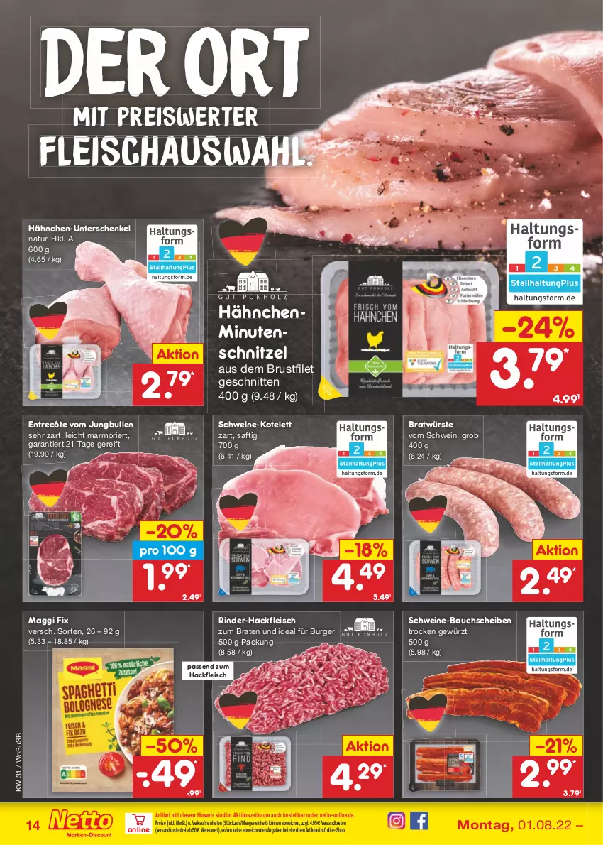 Aktueller Prospekt Netto Marken-Discount - Filial-Angebote - von 01.08 bis 06.08.2022 - strona 14 - produkty: Bau, bauchscheiben, braten, brustfilet, burger, eis, entrecôte, filet, fleisch, gewürz, hackfleisch, henkel, jungbullen, kotelett, maggi, maggi fix, minutenschnitzel, natur, ndk, reis, rind, rinder, rinder-hackfleisch, saft, schenkel, schnitten, schnitzel, schwein, schweine, schweine-bauch, schweine-bauchscheiben, Ti, usb, versandkostenfrei, wein, weine