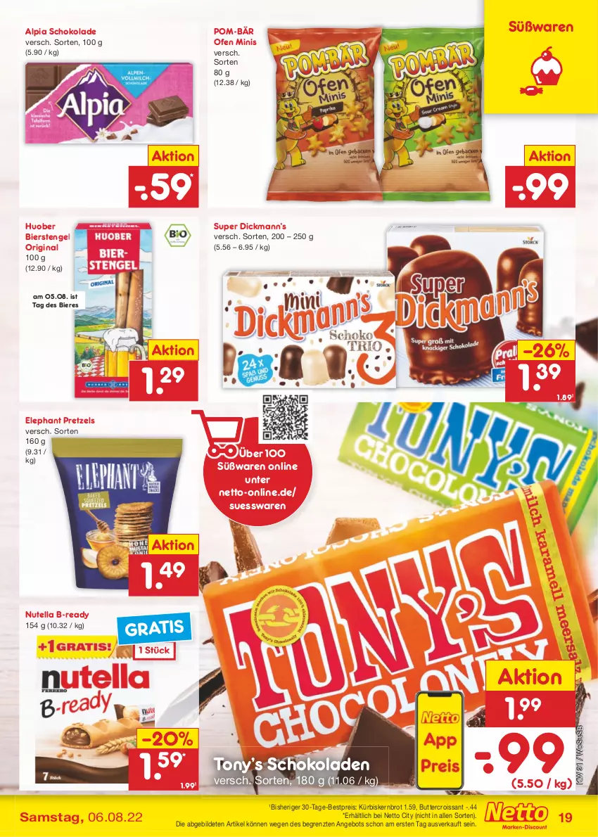 Aktueller Prospekt Netto Marken-Discount - Filial-Angebote - von 01.08 bis 06.08.2022 - strona 19 - produkty: alpia, angebot, bestpreis, bier, Biere, brot, butter, Croissant, eis, Engel, gin, huober, Kürbis, nutella, Ofen, pom-bär, Pretzel, reis, schoko, schokolade, schokoladen, Ti, usb, ZTE