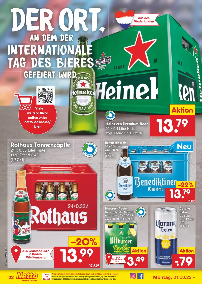 Aktueller Prospekt Netto Marken-Discount - Filial-Angebote - von 01.08 bis 06.08.2022 - strona 22 - produkty: alkohol, Bad, Benediktiner, bier, Biere, bitburger, burger, corona, corona extra, eier, eis, heineken, natur, ndk, radler, reis, Ti, usb, versandkostenfrei