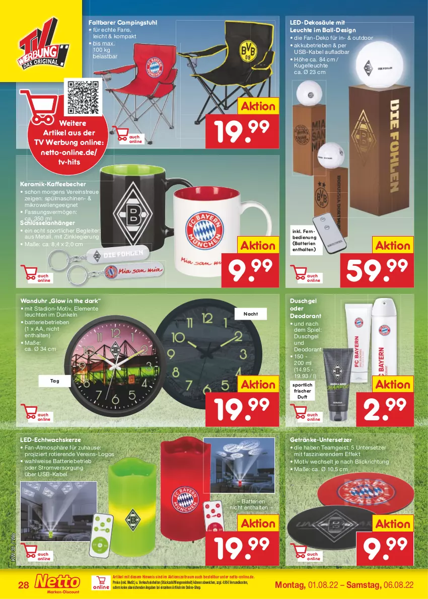 Aktueller Prospekt Netto Marken-Discount - Filial-Angebote - von 01.08 bis 06.08.2022 - strona 28 - produkty: akku, Anhänger, ball, batterie, batterien, Becher, campingstuhl, deo, deodorant, duschgel, eis, Elan, elle, ente, fernbedienung, getränk, getränke, kaffee, kaffeebecher, kerze, Kugel, Leuchte, leuchten, mikrowelle, ndk, reis, Sport, spülmaschinen, stuhl, Ti, Tiere, uhr, Untersetzer, usb, wanduhr