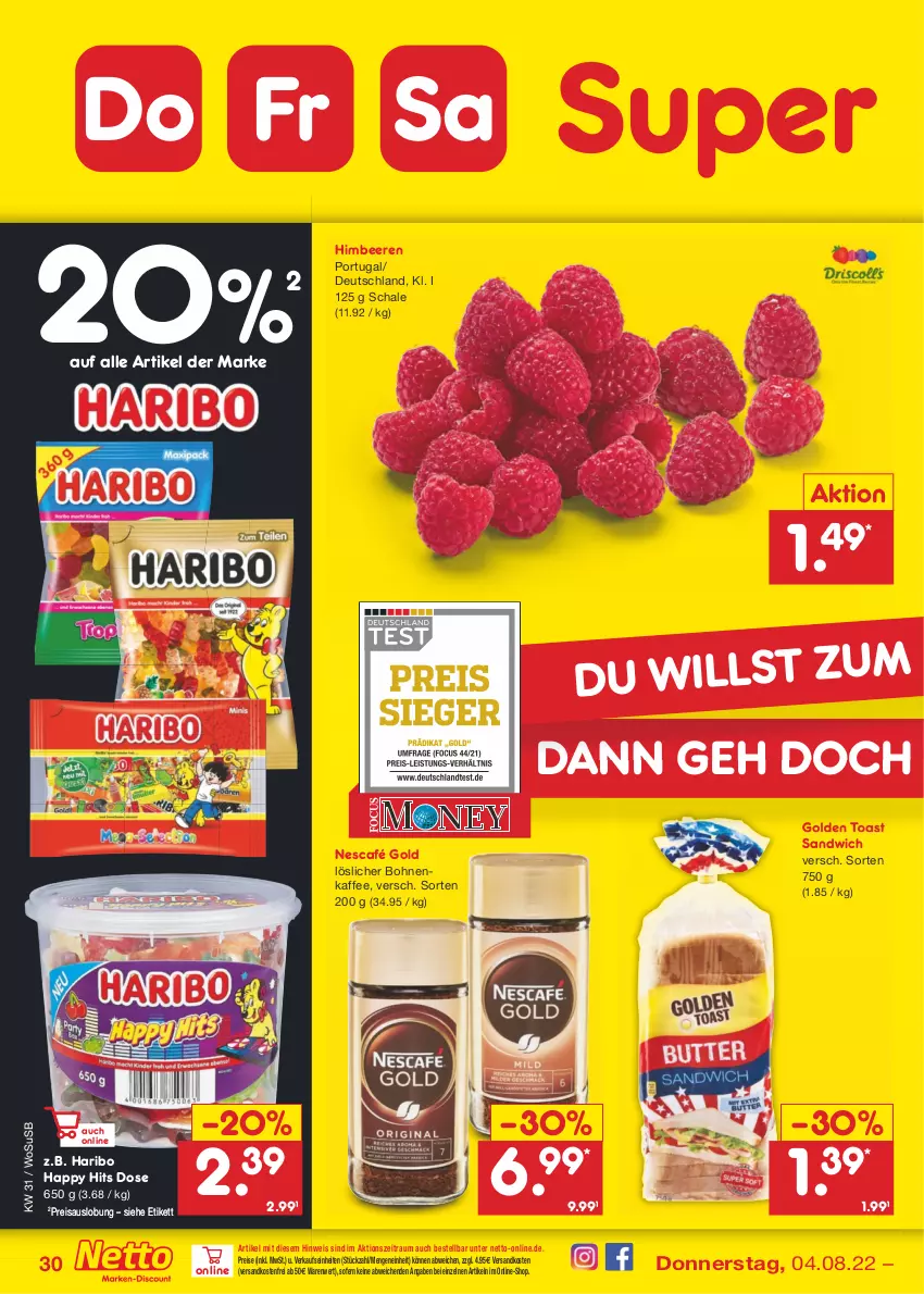 Aktueller Prospekt Netto Marken-Discount - Filial-Angebote - von 01.08 bis 06.08.2022 - strona 30 - produkty: beere, beeren, bohne, bohnen, bohnenkaffee, eis, golden toast, haribo, himbeer, himbeere, himbeeren, kaffee, löslicher bohnenkaffee, ndk, Nescafé, nescafé gold, reis, sandwich, Schal, Schale, Ti, toast, usb, versandkostenfrei