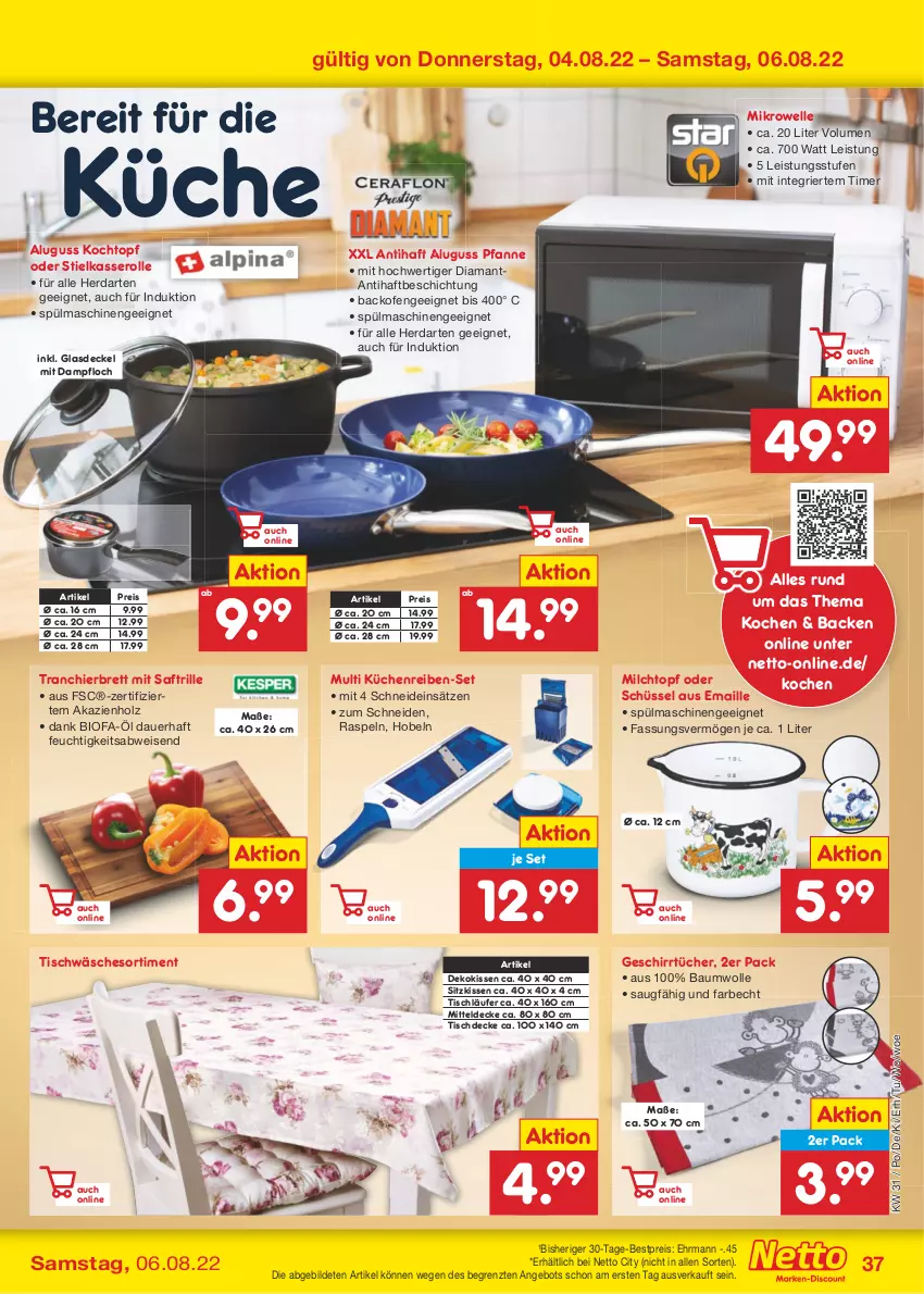 Aktueller Prospekt Netto Marken-Discount - Filial-Angebote - von 01.08 bis 06.08.2022 - strona 37 - produkty: angebot, auer, backofen, Bau, baumwolle, bestpreis, bio, decke, Deckel, dekokissen, ehrmann, eis, elle, geschirr, geschirrtücher, Glasdeckel, herdarten, Holz, kissen, Kochtopf, küche, Küchen, Küchenreibe, Läufer, maille, Manta, mikrowelle, milch, mitteldecke, Ofen, pfanne, reis, saft, schüssel, sitzkissen, spülmaschinen, stielkasserolle, Ti, timer, tisch, tischdecke, tischläufer, Tischwäsche, topf, Tranchierbrett, tücher, wolle, ZTE