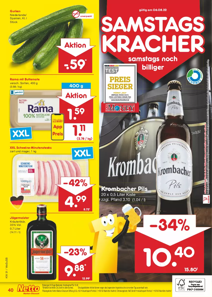 Aktueller Prospekt Netto Marken-Discount - Filial-Angebote - von 01.08 bis 06.08.2022 - strona 40 - produkty: angebot, angebote, asti, bestpreis, butter, discount, eis, Germ, gurke, gurken, Holz, jägermeister, kracher, kräuter, kräuterlikör, krombache, krombacher, krombacher pils, likör, marken-discount, Meister, minutensteaks, ndk, pils, rama, reis, schwein, schweine, steak, steaks, Ti, usb, versandkostenfrei, wein, weine, ZTE