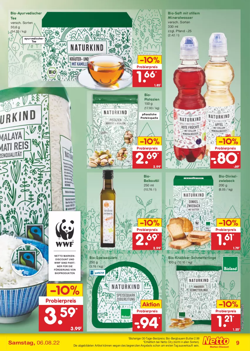 Aktueller Prospekt Netto Marken-Discount - Filial-Angebote - von 01.08 bis 06.08.2022 - strona 9 - produkty: Alwa, angebot, auer, Bau, Bauer, bestpreis, bier, bio, butter, discount, eis, elle, Mett, mineralwasser, pistazien, quark, reis, saft, Schmetterling, speisequark, tee, Ti, usb, wasser, ZTE