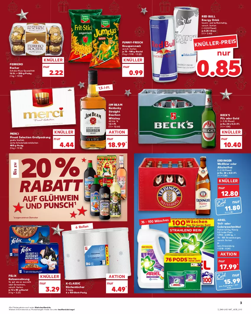 Aktueller Prospekt Kaufland - von 01.12 bis 07.12.2022 - strona 3 - produkty: alkohol, angebot, angebote, ariel, beck's, beutel, bier, bourbon, bourbon whiskey, colorwaschmittel, drink, eis, energy drink, erdinger, felix, ferrero, Ferrero Rocher, funny-frisch, Glühwein, jim beam, katzennahrung, kentucky straight, küche, Küchen, küchentücher, merci, nuss, pils, Pods, red bull, schoko, schokolade, schokoladen, sensations, snack, Spezi, Ti, tuc, tücher, waschmittel, wein, whiskey