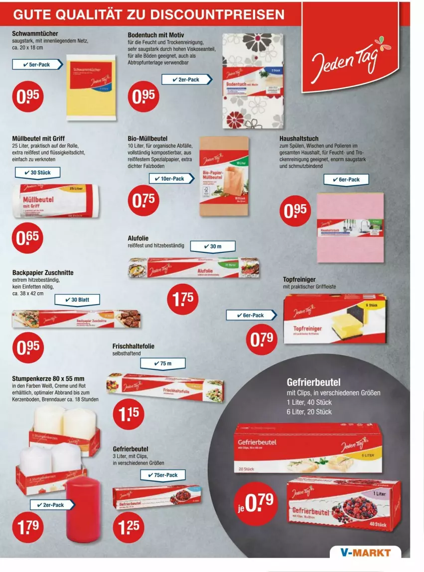 Aktueller Prospekt Vmarkt - Prospekte - von 23.05 bis 29.05.2024 - strona 15 - produkty: auer, beutel, bio, creme, frischhaltefolie, gefrierbeutel, kerze, Liege, müllbeutel, papier, Reinigung, schwamm, Spezi, Stier, Ti, tisch, tuc, tücher