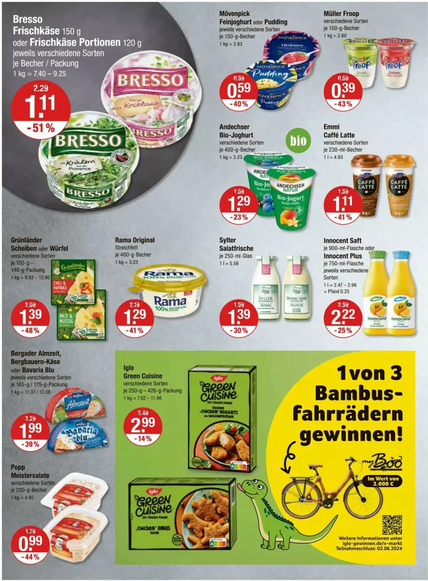 Aktueller Prospekt Vmarkt - Prospekte - von 23.05 bis 29.05.2024 - strona 6 - produkty: bambus, Becher, bio, bio-joghurt, bresso, caffe, eis, emmi, feinjoghurt, flasche, frischkäse, froop, gin, iglo, Innocent, joghur, joghurt, Käse, latte, mövenpick, Müller, müller froop, pudding, rama, reis, saft, salat, Sylter, Ti