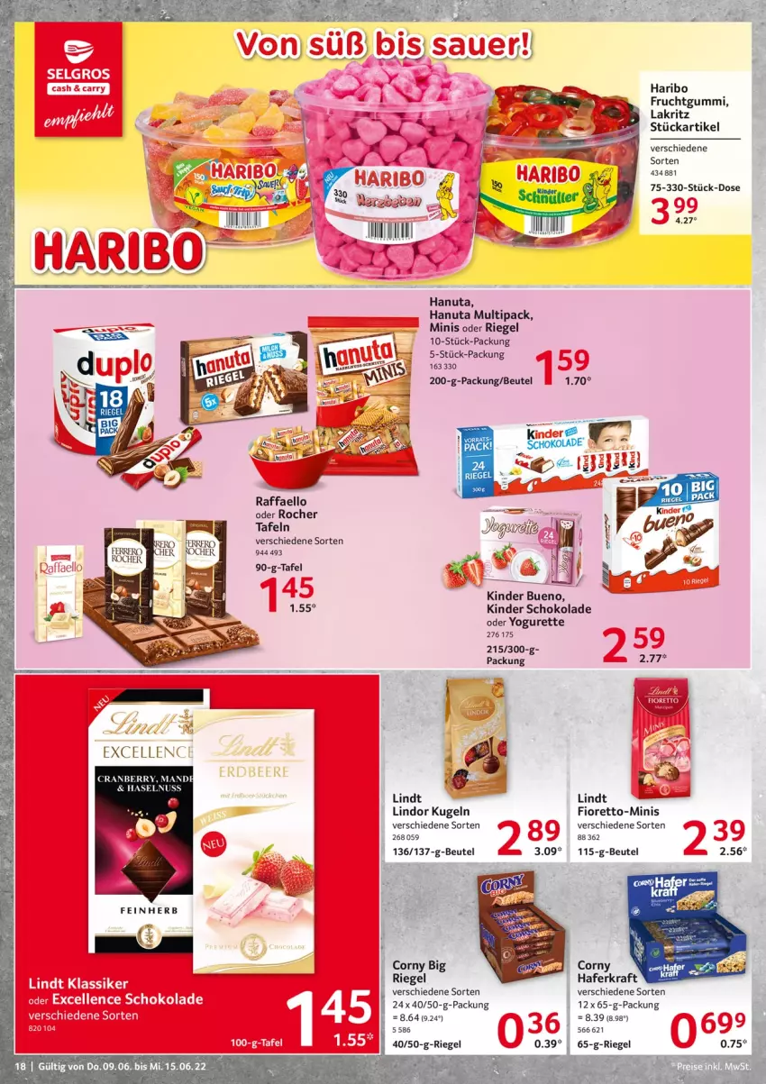 Aktueller Prospekt Selgros - Food - von 09.06 bis 15.06.2022 - strona 18 - produkty: beutel, corny, Ergee, frucht, fruchtgummi, hafer, hanuta, haribo, haselnuss, Kinder, kinder bueno, kinder schokolade, kraft, Kugel, Lakritz, lindor, lindt, nuss, oder yogurette, raffaello, riegel, schoko, schokolade, Ti, Yo, yogurette