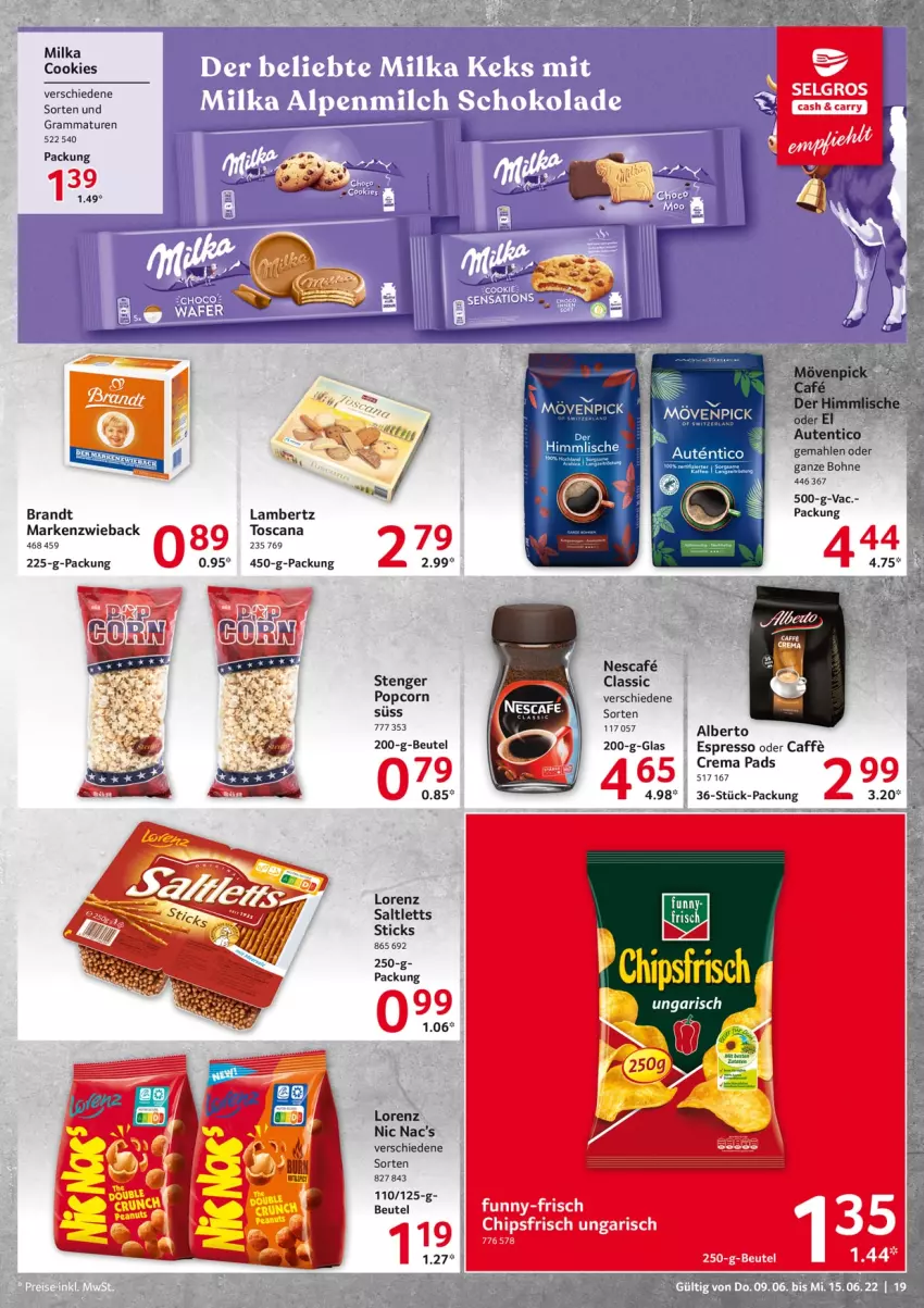 Aktueller Prospekt Selgros - Food - von 09.06 bis 15.06.2022 - strona 19 - produkty: Amber, beutel, bohne, brandt, caffe, chips, chipsfrisch, cookie, cookies, crema pads, espresso, espresso oder, funny-frisch, lambertz, LG, lorenz, Markenzwieback, milka, nescafe, popcorn, saltletts, Ti