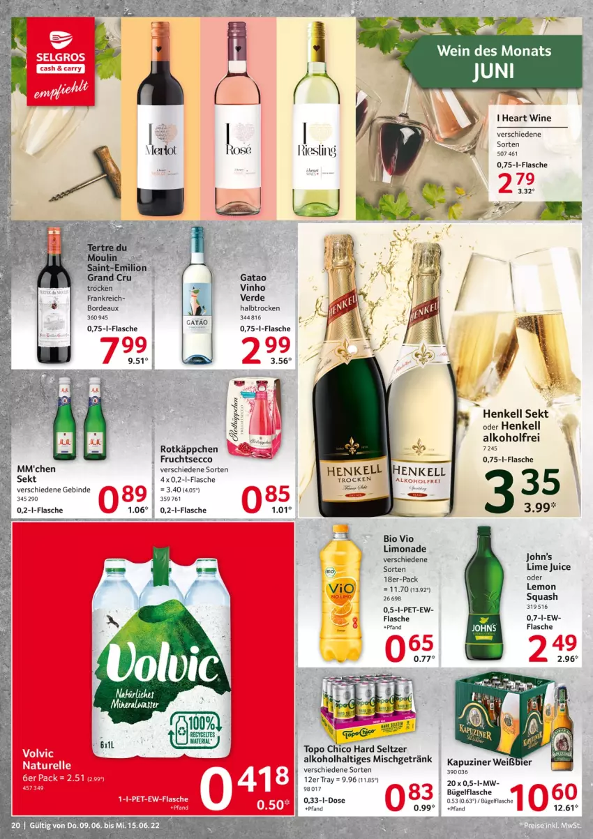 Aktueller Prospekt Selgros - Food - von 09.06 bis 15.06.2022 - strona 20 - produkty: alkohol, bio, bügel, bügelflasche, ecco, erde, flasche, frucht, fruchtsecco, getränk, henkel, henkell, henkell sekt, limo, limonade, rotkäppchen, sekt, Ti, Topo Chico