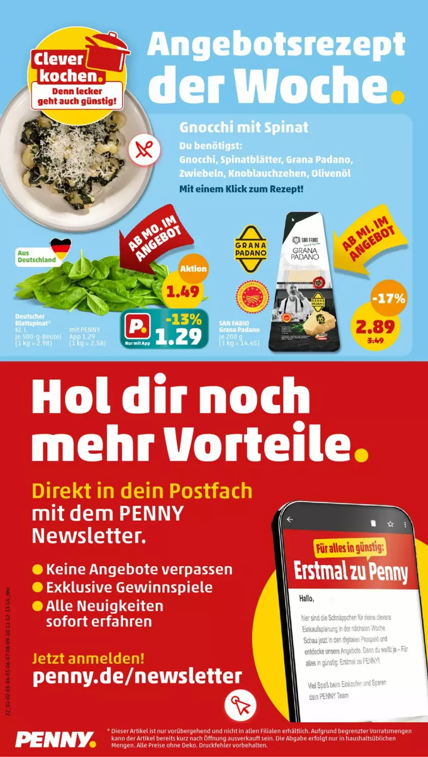 Aktueller Prospekt Penny - Prospekte - von 30.09 bis 05.10.2024 - strona 22 - produkty: angebot, angebote, decke, elle, gnocchi, grana, grana padano, knoblauch, olive, oliven, olivenöl, padano, Rana, salz, schnäppchen, Spiele, spinat, Ti, zwiebel, zwiebeln