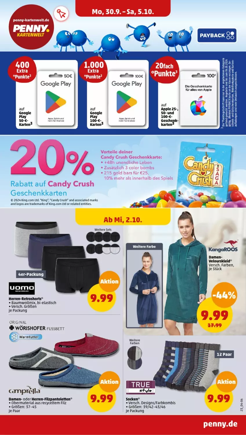 Aktueller Prospekt Penny - Prospekte - von 30.09 bis 05.10.2024 - strona 23 - produkty: angebot, angebote, Apple, asti, Bau, bett, ente, erde, gin, google play, gutschein, kleid, mac, pantolette, pantoletten, payback, rel, retroshorts, Ria, shorts, socken, Spiele, Ti, tisch