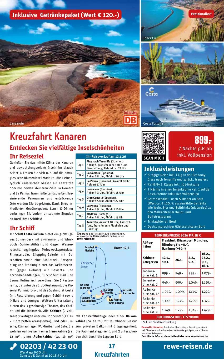 Aktueller Prospekt Rewe Reisen - Reiseprospekt - von 27.06 bis 25.07.2025 - strona 17 - produkty: asti, Bad, balkonkabine, bett, Betten, bier, blume, blumen, buch, Cif, decke, drink, drinks, dusche, eis, elle, ente, erde, fenster, getränk, getränke, gin, Glastür, inklusivleistungen, kreuzfahrten, leine, Liege, pool, reis, reiseverlauf, rel, Ria, ring, Sport, Stühl, Sushi, Thea, Ti, tisch, uhr, wasser, wasserrutsche, weck, wein, Whirlpool