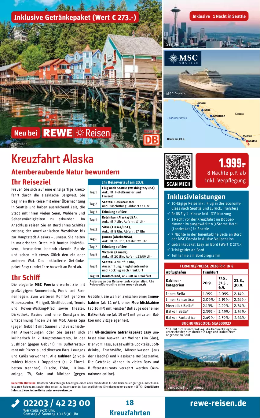 Aktueller Prospekt Rewe Reisen - Reiseprospekt - von 27.06 bis 25.07.2025 - strona 18 - produkty: Alwa, angebot, angebote, asti, auer, balkonkabine, bett, Betten, bier, buch, cocktail, cocktails, drink, drinks, dusche, eis, elle, ente, erde, fanta, fenster, fisch, fische, Fischer, flasche, frucht, fruchtsäfte, getränk, getränke, gin, Holz, inklusivleistungen, kreuzfahrten, Liege, meerblickkabine, mineralwasser, natur, pool, reis, reiseverlauf, rel, Ria, säfte, sonnenliege, Sushi, Thea, Ti, uhr, wasser, wein, weine