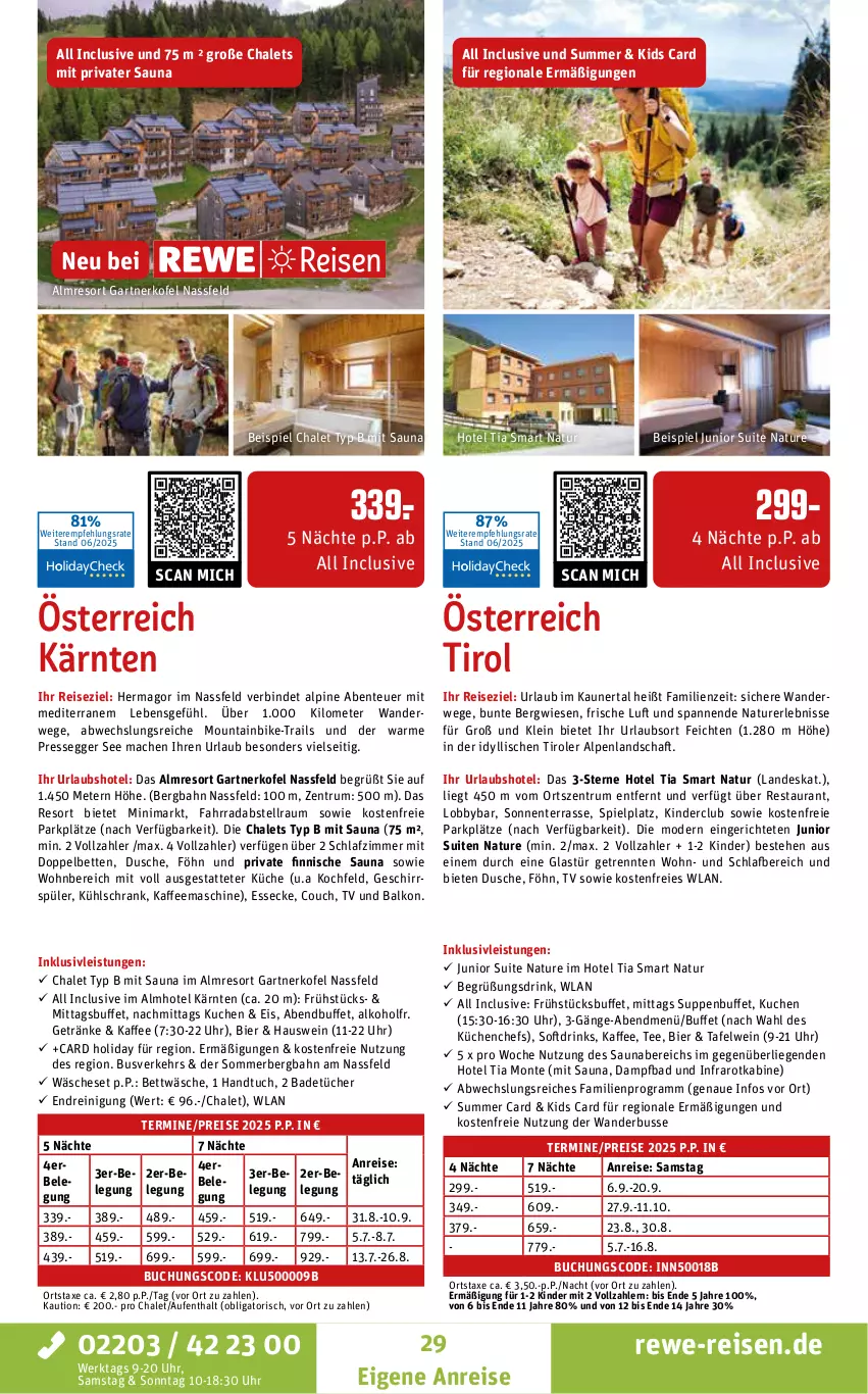 Aktueller Prospekt Rewe Reisen - Reiseprospekt - von 27.06 bis 25.07.2025 - strona 29 - produkty: alkohol, axe, Bad, Bebe, bett, Betten, bettwäsche, bier, buch, Couch, drink, drinks, dusche, Egger, eis, ente, Fahrrad, geschirr, geschirrspüler, getränk, getränke, Glastür, handtuch, inklusivleistungen, kaffee, kaffeemaschine, Kinder, kochfeld, küche, kuchen, Küchen, kühlschrank, Liege, mac, Mode, monte, Mountainbike, natur, Reinigung, reis, rum, rwe, schlafzimmer, Schrank, suppe, suppen, tee, Ti, tuc, tücher, uhr, wein