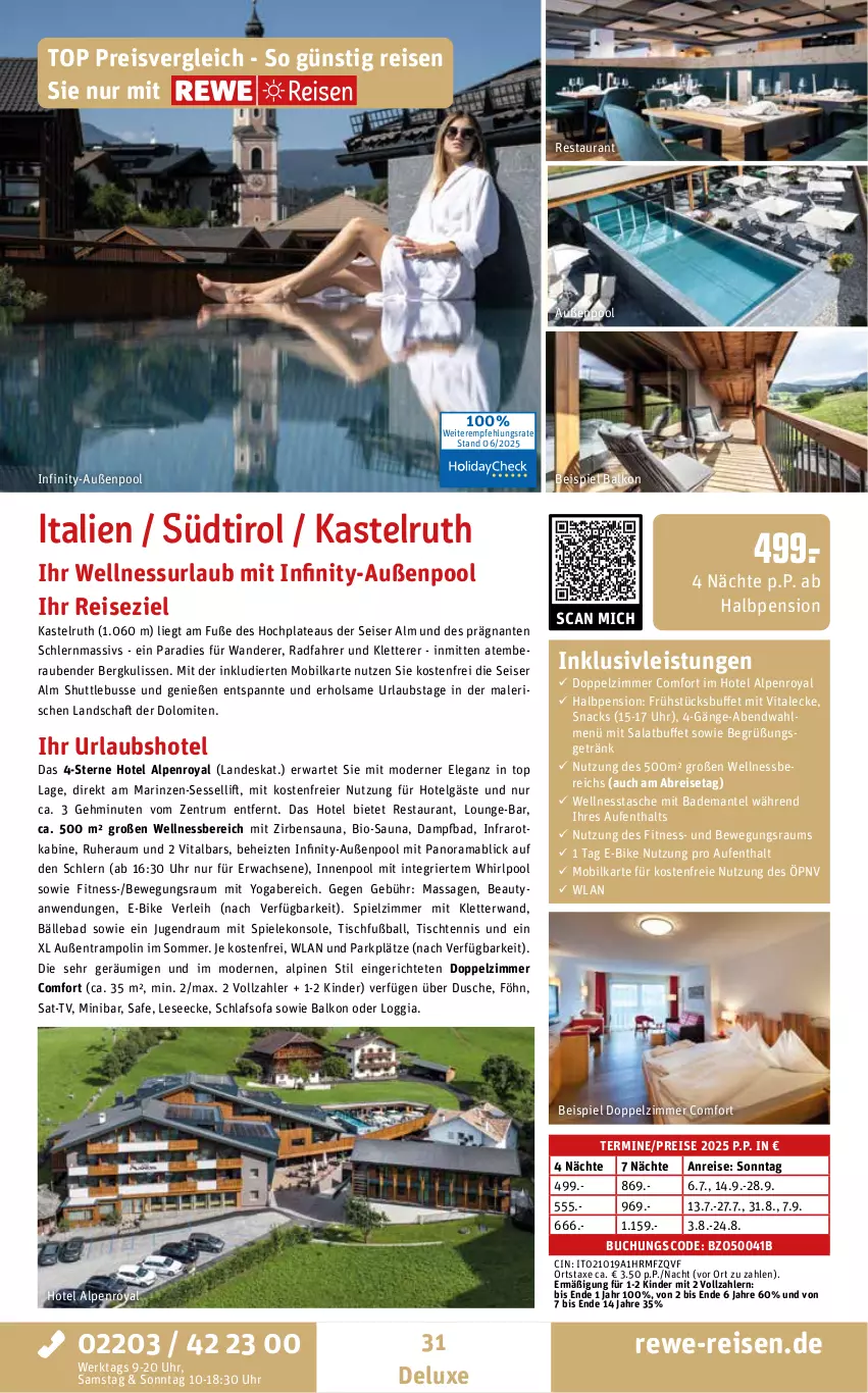 Aktueller Prospekt Rewe Reisen - Reiseprospekt - von 27.06 bis 25.07.2025 - strona 31 - produkty: axe, Bad, Bademantel, ball, bio, Brei, buch, cin, dusche, E-Bike, eier, eis, Fußball, getränk, HP, inklusivleistungen, innenpool, Kinder, LG, mab, Mantel, Mode, pool, rama, reis, rum, salat, schlafsofa, sessel, snack, snacks, Sofa, Spiele, Tasche, Ti, tisch, Trampolin, uhr, vita, wellnessbereich, Whirlpool, Yo, ZTE