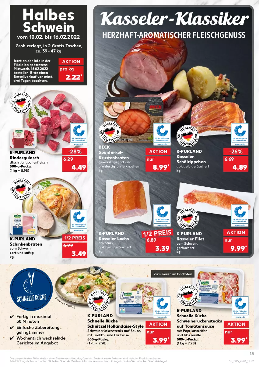 Aktueller Prospekt Kaufland - von 03.02 bis 09.02.2022 - strona 15 - produkty: angebot, angebote, backofen, besteck, braten, brokkoli, eis, elle, filet, fleisch, geschirr, gewürz, gulasch, hartkäse, hollandaise, ilag, jungbullen, Käse, kasseler, krustenbraten, küche, lachs, mit paprika, mozzarella, nuss, Ofen, paprika, purland, reifen, reis, rel, rind, rinder, rindergulasch, Rückensteak, rückensteaks, saft, sauce, schinken, schinkenbraten, schnitzel, schwein, schweine, schweinerücken, steak, steaks, Tasche, taschen, teller, Ti, tisch, tomate, tomaten, tomatensauce, wein, weine