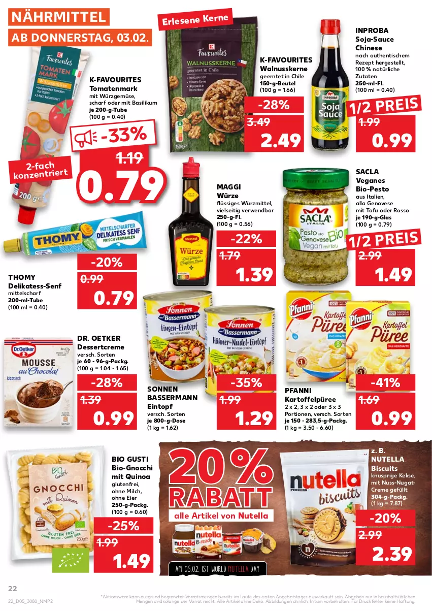 Aktueller Prospekt Kaufland - von 03.02 bis 09.02.2022 - strona 22 - produkty: angebot, basilikum, beutel, bio, creme, dessert, Dr. Oetker, eier, eintopf, eis, genovese, gnocchi, kartoffel, Kartoffelpüree, keks, kekse, maggi, maggi würze, milch, nuss, nutella, pesto, pfanni, püree, quinoa, reis, rezept, roba, rwe, sac, sauce, senf, soja, thomy, Ti, tisch, Tofu, tomate, tomaten, tomatenmark, topf, walnuss, walnusskerne, ZTE