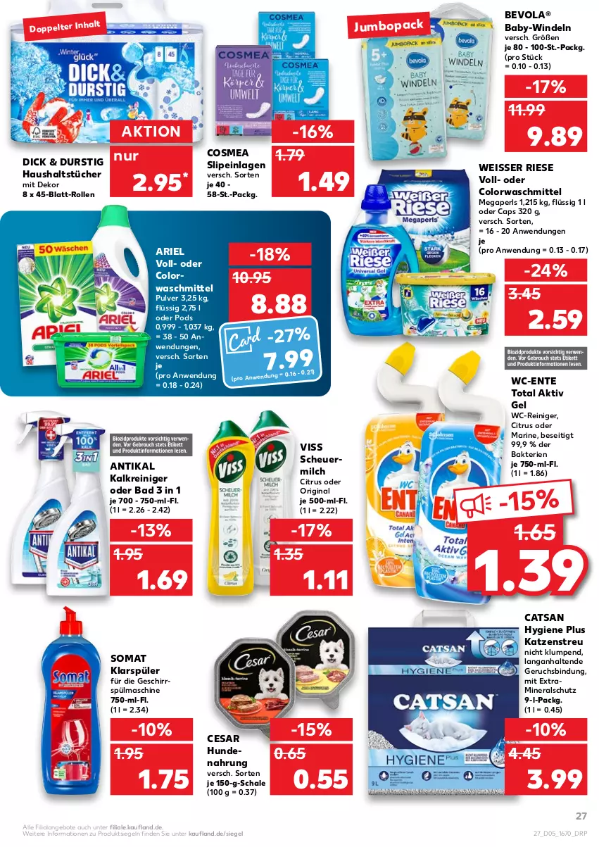 Aktueller Prospekt Kaufland - von 03.02 bis 09.02.2022 - strona 27 - produkty: aktiv gel, angebot, angebote, ariel, Bad, Cap, catsan, citrus, colorwaschmittel, cosmea, eis, ente, geschirr, gin, haushaltstücher, Heu, hundenahrung, jumbo, Kalkreiniger, Katzenstreu, klarspüler, megaperls, milch, Pods, reiniger, Schal, Schale, scheuermilch, slip, slipeinlagen, somat, Ti, tücher, waschmittel, wc-reiniger, Weisser Riese, windeln