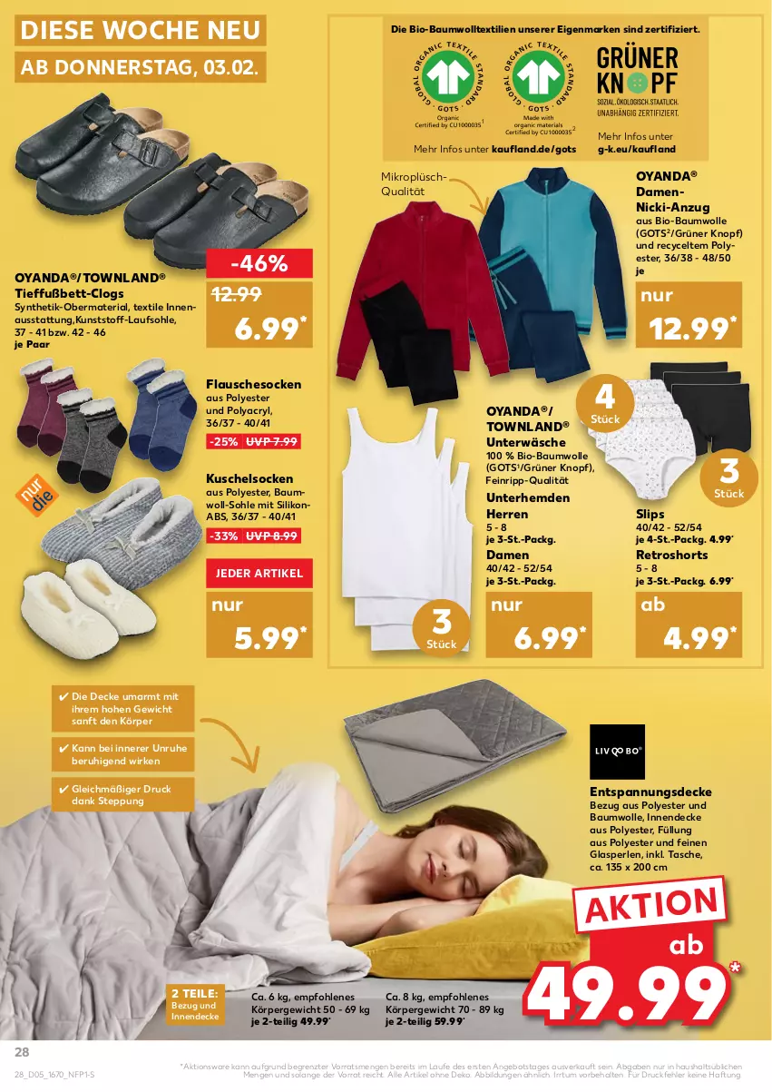 Aktueller Prospekt Kaufland - von 03.02 bis 09.02.2022 - strona 28 - produkty: angebot, Anzug, Bau, baumwolle, bett, bio, bio-baumwolle, Clogs, decke, hemd, hemden, Kuschelsocken, perlen, Plüsch, retroshorts, Ria, shorts, slip, slips, socken, Tasche, Ti, Unterhemd, unterhemden, Unterwäsche, wolle, ZTE