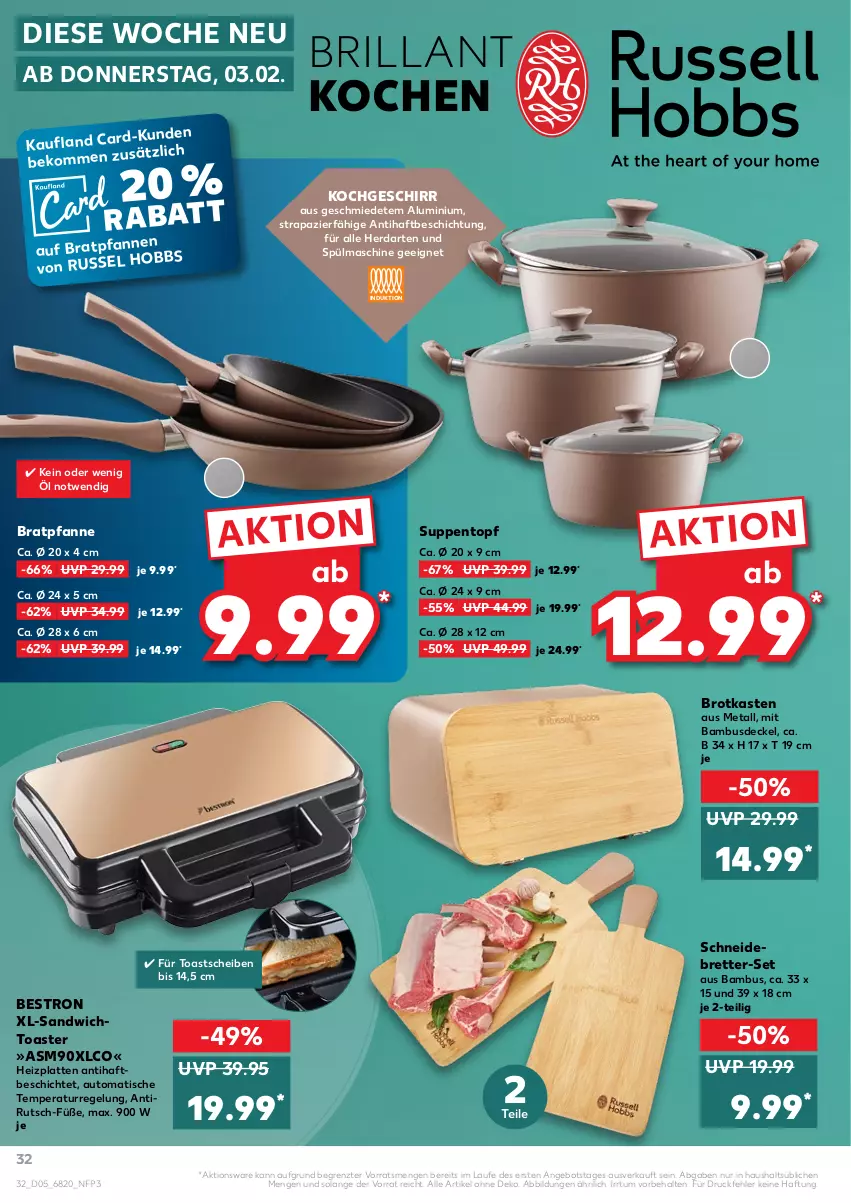 Aktueller Prospekt Kaufland - von 03.02 bis 09.02.2022 - strona 32 - produkty: angebot, auto, bambus, beko, bratpfanne, brot, Brotkasten, decke, Deckel, geschirr, herdarten, latte, pfanne, sandwich, schneidebrett, suppe, suppen, Ti, tisch, toast, toaster, topf, ZTE