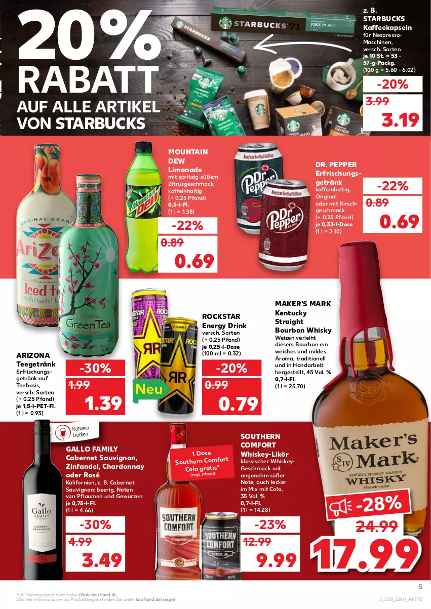 Aktueller Prospekt Kaufland - von 03.02 bis 09.02.2022 - strona 5 - produkty: angebot, angebote, bourbon, cabernet, cabernet sauvignon, chardonnay, cola, drink, energy drink, erfrischungsgetränk, espresso, gallo, gallo family, getränk, gewürz, gin, kaffee, kaffeekapseln, kentucky straight, kirsch, likör, limo, limonade, mac, Mountain Dew, nespresso, pflaume, pflaumen, Rockstar, rotwein, sauvignon, Southern Comfort, starbucks, tee, Ti, tuc, wein, whiskey, whisky