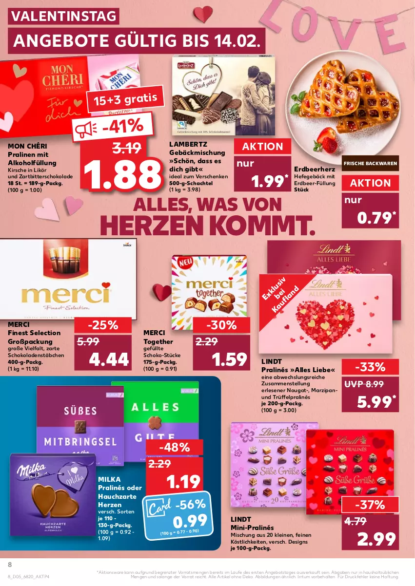 Aktueller Prospekt Kaufland - von 03.02 bis 09.02.2022 - strona 8 - produkty: alkohol, Amber, angebot, angebote, backwaren, frische backwaren, gebäckmischung, Hefe, kirsch, kirsche, lambertz, leine, likör, lindt, marzipan, merci, milka, Mon Chéri, pralinen, schoko, schokolade, schokoladen, Ti, Trüffel, Zartbitterschokolade, ZTE