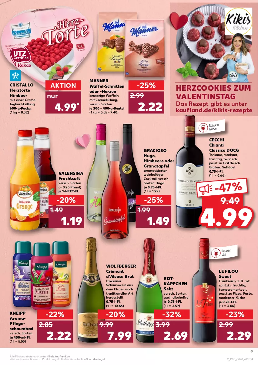 Aktueller Prospekt Kaufland - von 03.02 bis 09.02.2022 - strona 9 - produkty: alkohol, angebot, angebote, apfel, Bad, beere, Berger, beutel, braten, brut, chia, chianti, classico, cocktail, cookie, cookies, creme, eis, elle, fleisch, frucht, fruchtsaft, Geflügel, gracioso, grana, granatapfel, grill, himbeer, himbeere, hugo, joghur, joghurt, kneipp, küche, Manner, Mode, pasta, pizza, Rana, rezept, rezepte, rotkäppchen, rotwein, sac, saft, schaumbad, schnitten, sekt, Ti, torte, valensina, waffeln, wein