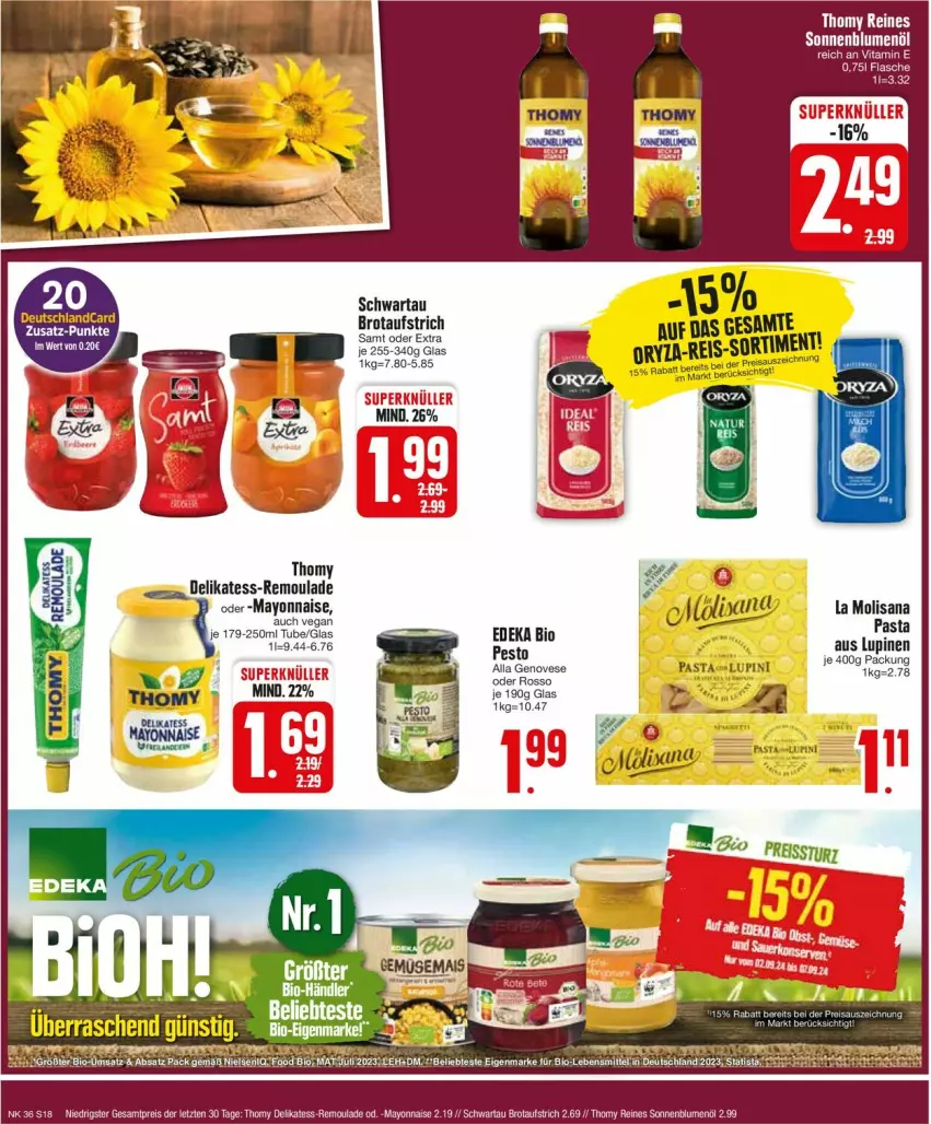 Aktueller Prospekt Edeka - Prospekte - von 02.09 bis 07.09.2024 - strona 18 - produkty: aufstrich, bio, brot, brotaufstrich, deka, deutschlandcard, edeka bio, genovese, isana, mayonnaise, pasta, pesto, remoulade, sana, Schwartau, thomy, vita, Yo