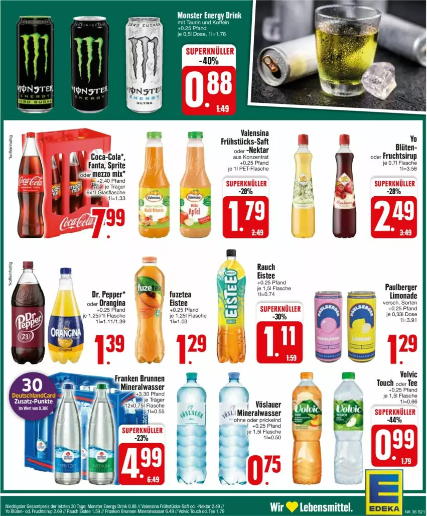 Aktueller Prospekt Edeka - Prospekte - von 02.09 bis 07.09.2024 - strona 21 - produkty: Alwa, auer, Berger, Blüte, brunnen, coca-cola, cola, eis, eistee, fanta, flasche, franken brunnen, frucht, fuzetea, gin, glasflasche, limo, limonade, Mezzo Mix, mineralwasser, Nektar, orangina, Rauch, saft, sirup, tee, valensina, vöslauer, wasser, Yo