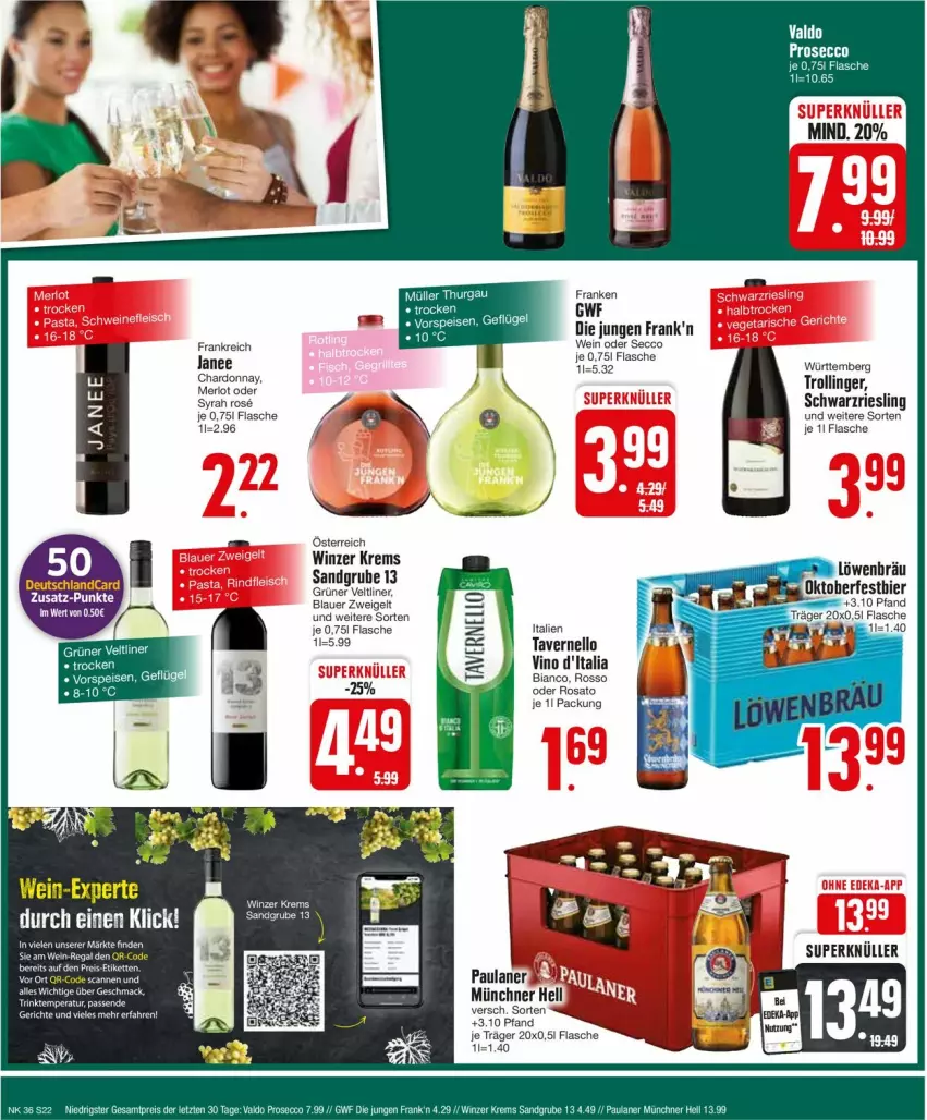 Aktueller Prospekt Edeka - Prospekte - von 02.09 bis 07.09.2024 - strona 22 - produkty: auer, blauer zweigelt, ecco, eis, flasche, grüner veltliner, Kette, mac, merl, merlot, Paula, paulaner, prosecco, reis, riesling, rosato, schwarzriesling, Ti, trolli, trollinger, vernel, vorspeise, wein, Zweigelt