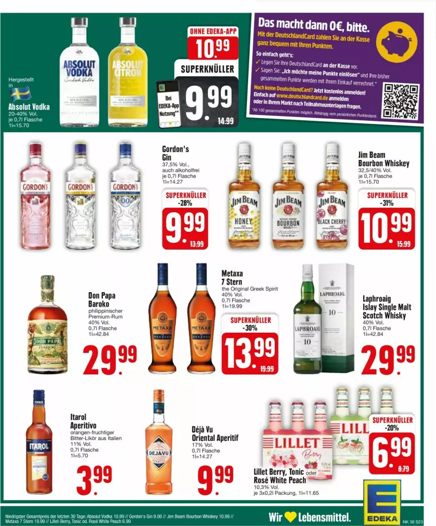 Aktueller Prospekt Edeka - Prospekte - von 02.09 bis 07.09.2024 - strona 23 - produkty: alkohol, bourbon, bourbon whiskey, deutschlandcard, flasche, frucht, gin, gordon, gordon's, islay single malt, jim beam, laphroaig, lebensmittel, likör, lillet, mac, Metaxa, orange, orangen, rum, scotch, scotch whisky, single malt, tee, Ti, tonic, tuner, whiskey, whisky