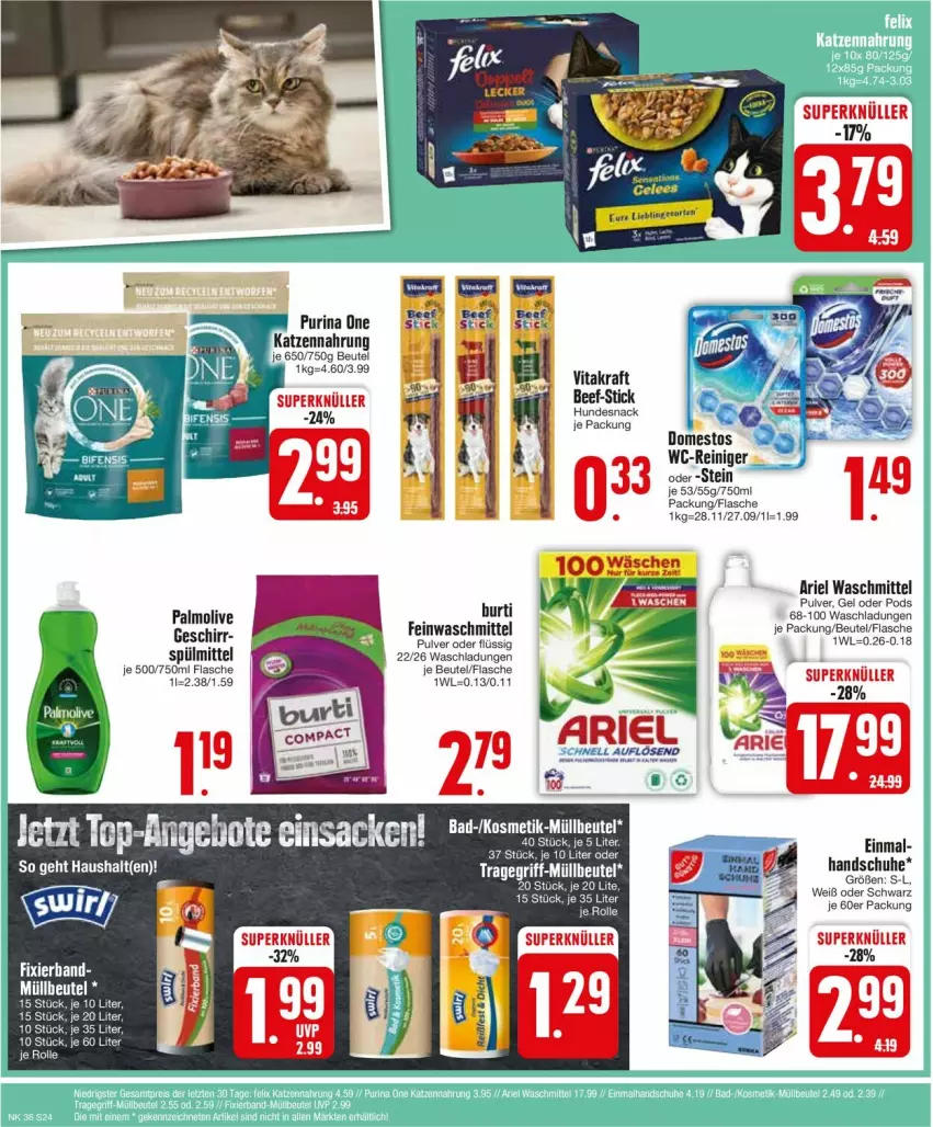 Aktueller Prospekt Edeka - Prospekte - von 02.09 bis 07.09.2024 - strona 24 - produkty: ariel, ariel waschmittel, beef, beutel, burti, domestos, feinwaschmittel, flasche, geschirr, handschuhe, hundesnack, katzennahrung, kraft, müllbeutel, olive, palmolive, Pods, purina, reiniger, schuhe, snack, spülmittel, tee, Ti, tragegriff, vita, vitakraft, waschmittel