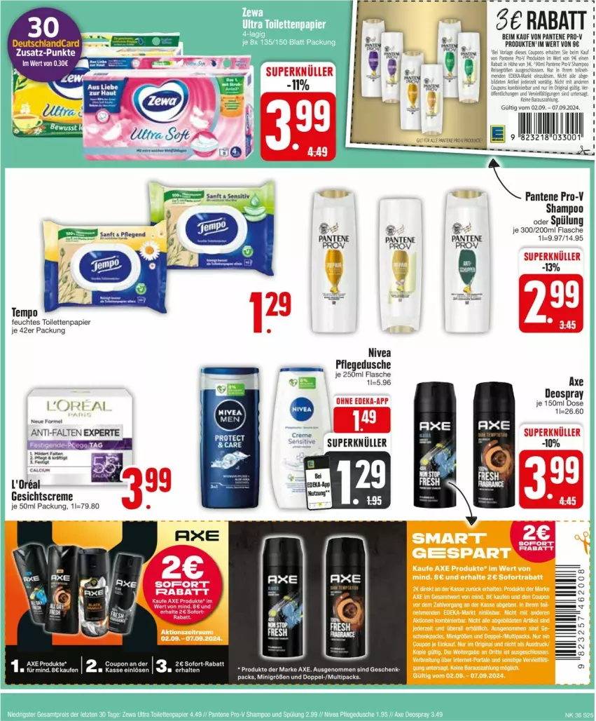 Aktueller Prospekt Edeka - Prospekte - von 02.09 bis 07.09.2024 - strona 25 - produkty: axe, coupon, creme, deka, deo, deospray, deutschlandcard, dusche, feuchtes toilettenpapier, flasche, Gesichtscreme, l'oreal, nivea, pantene, pantene pro-v, papier, pflegedusche, pro-v, shampoo, shampoo oder spülung, sofort-rabatt, spülung, Tempo, Ti, toilettenpapier